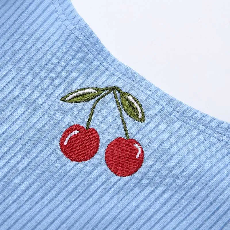 Cherry Embroidered Ribbed Push Up Tight GoingOut Crop Top Tanks