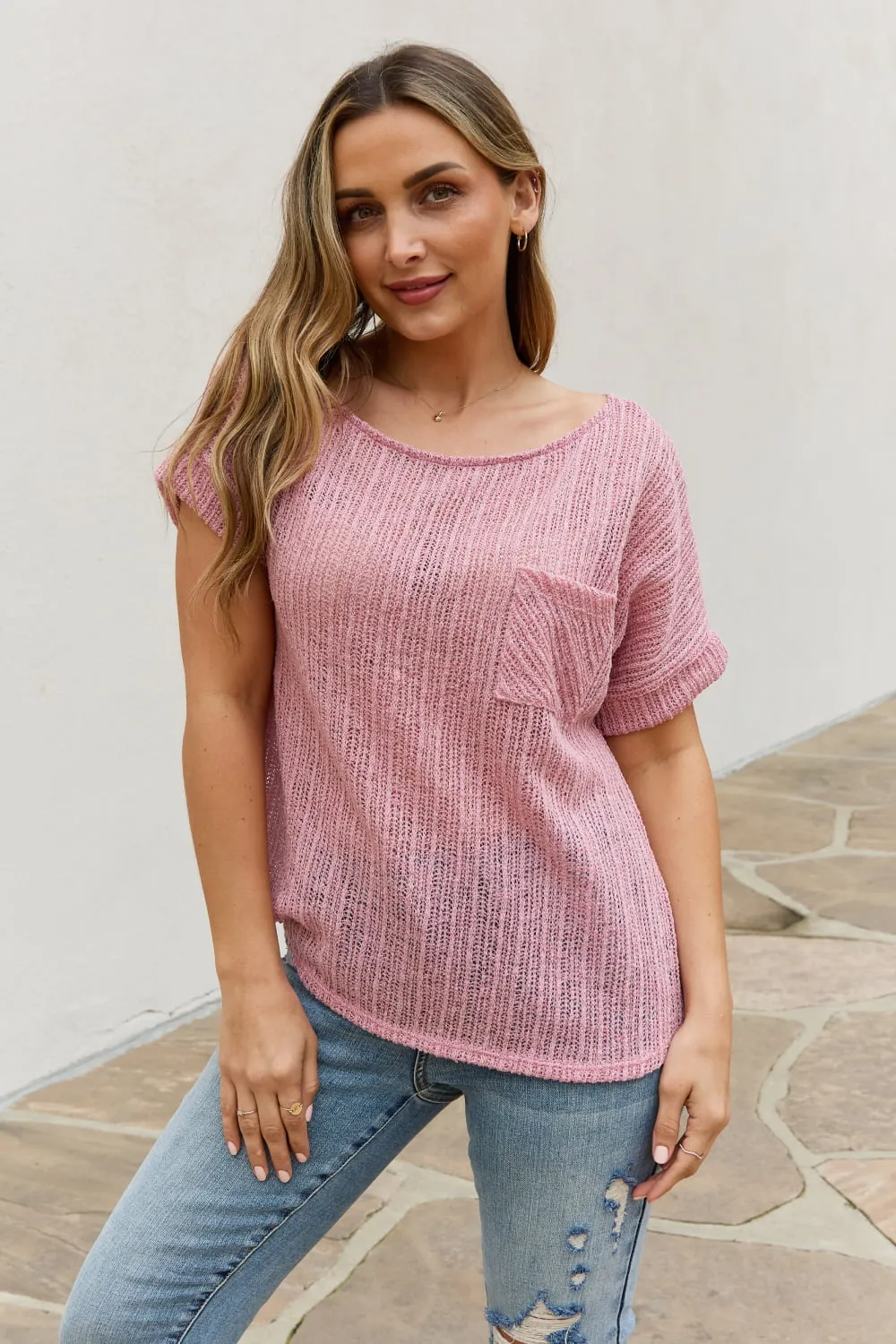 Chunky Knit Short Sleeve Top in Mauve (MADE IN USA)