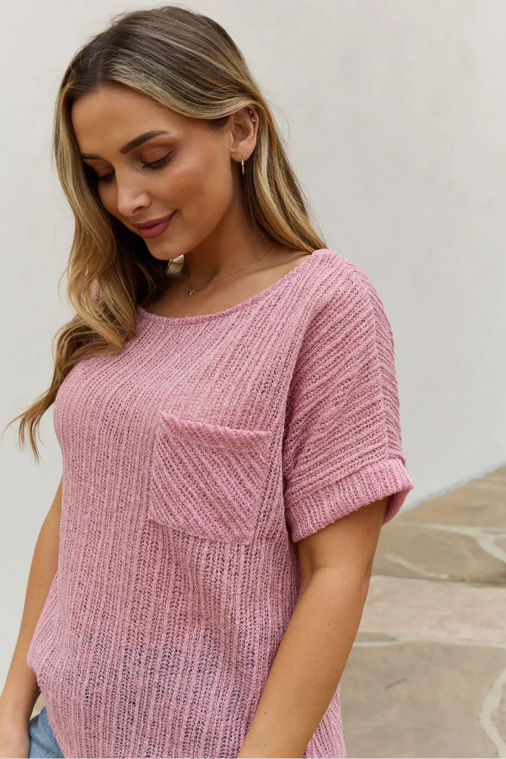 Chunky Knit Short Sleeve Top in Mauve (MADE IN USA)