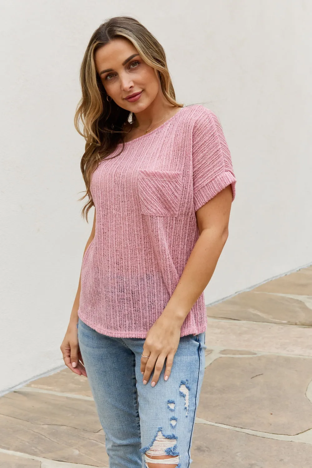 Chunky Knit Short Sleeve Top in Mauve (MADE IN USA)