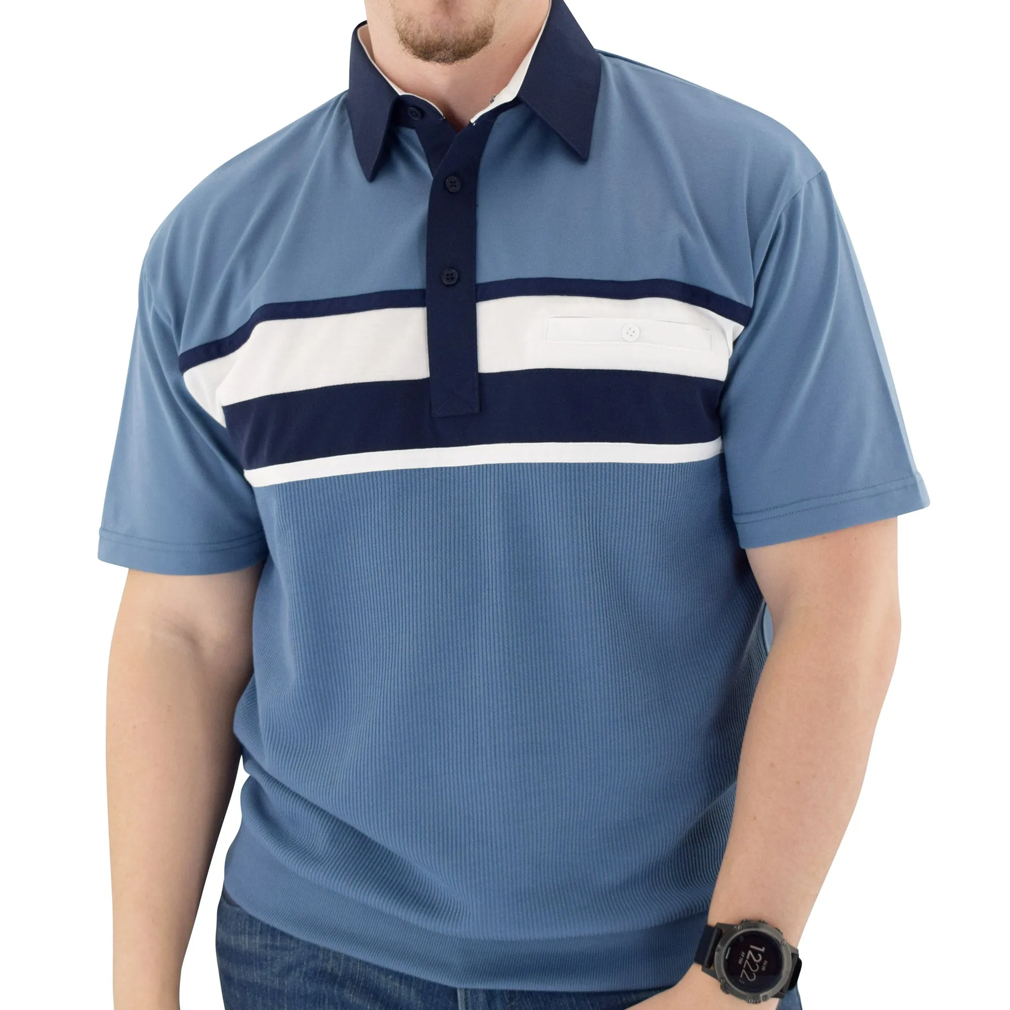 Classics by Palmland Horizontal Short Sleeve Banded Bottom Shirt Marine  - 6010-BL12