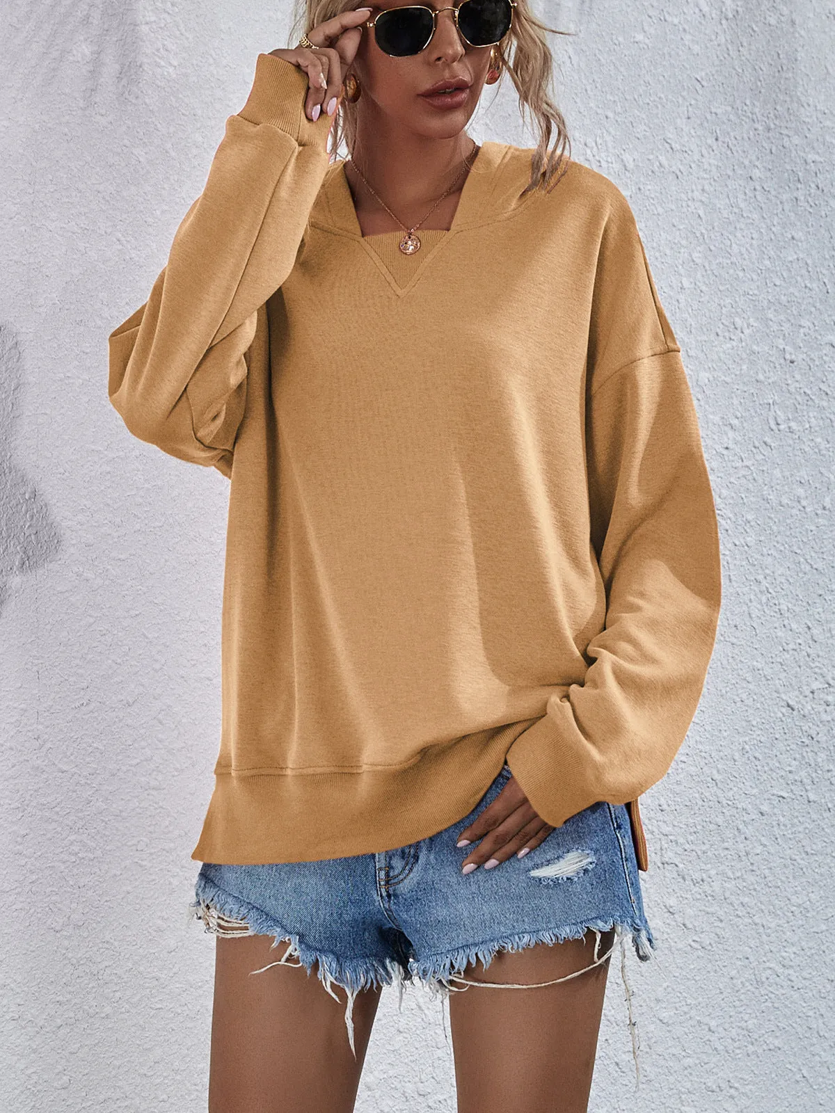 Comfy Drop Shoulder Slit Hoodie