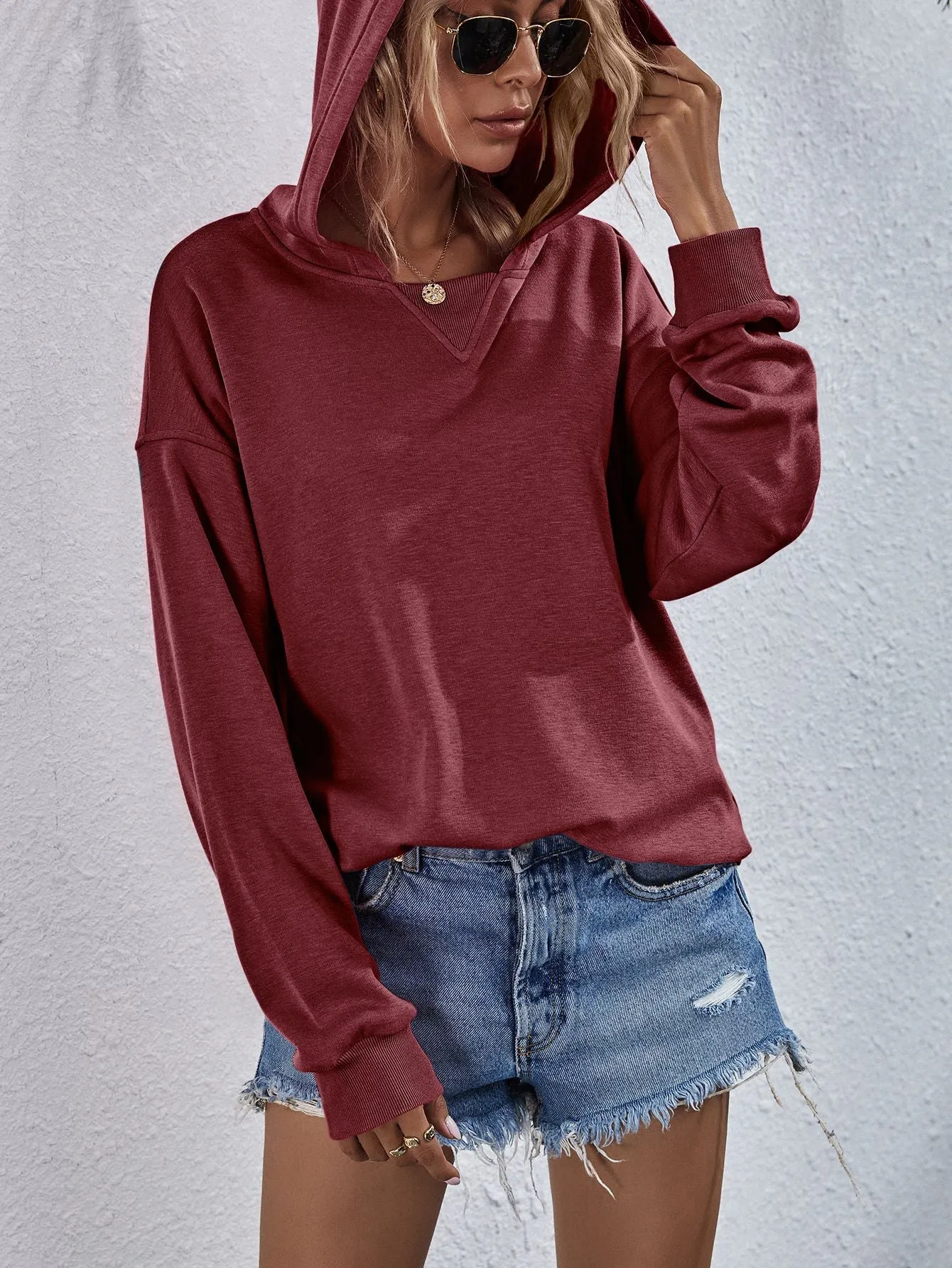 Comfy Drop Shoulder Slit Hoodie