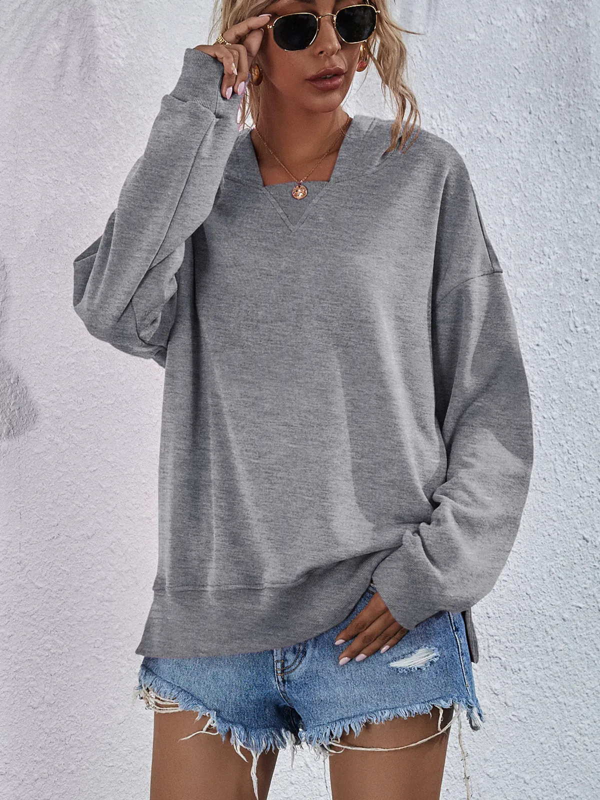 Comfy Drop Shoulder Slit Hoodie