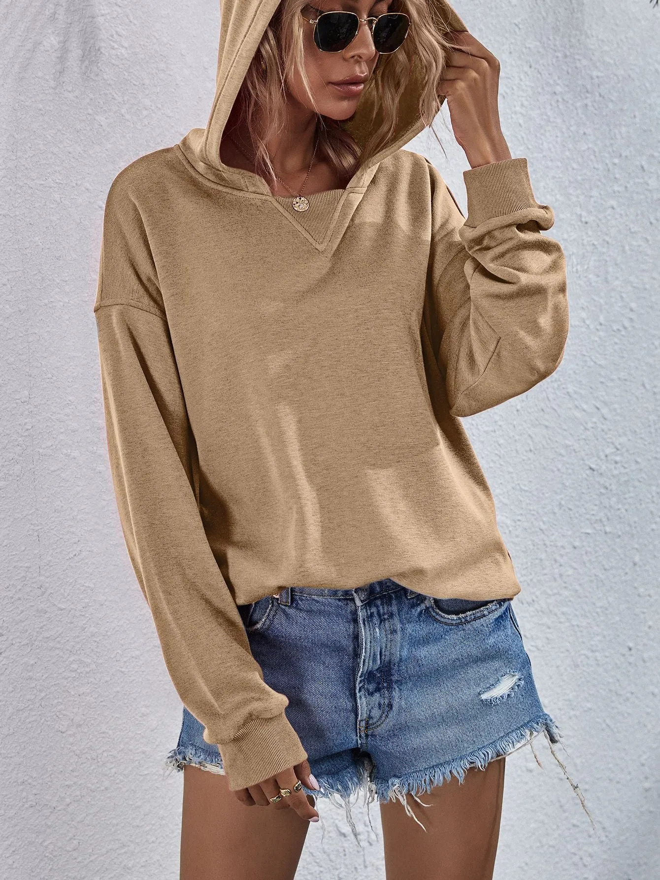 Comfy Drop Shoulder Slit Hoodie