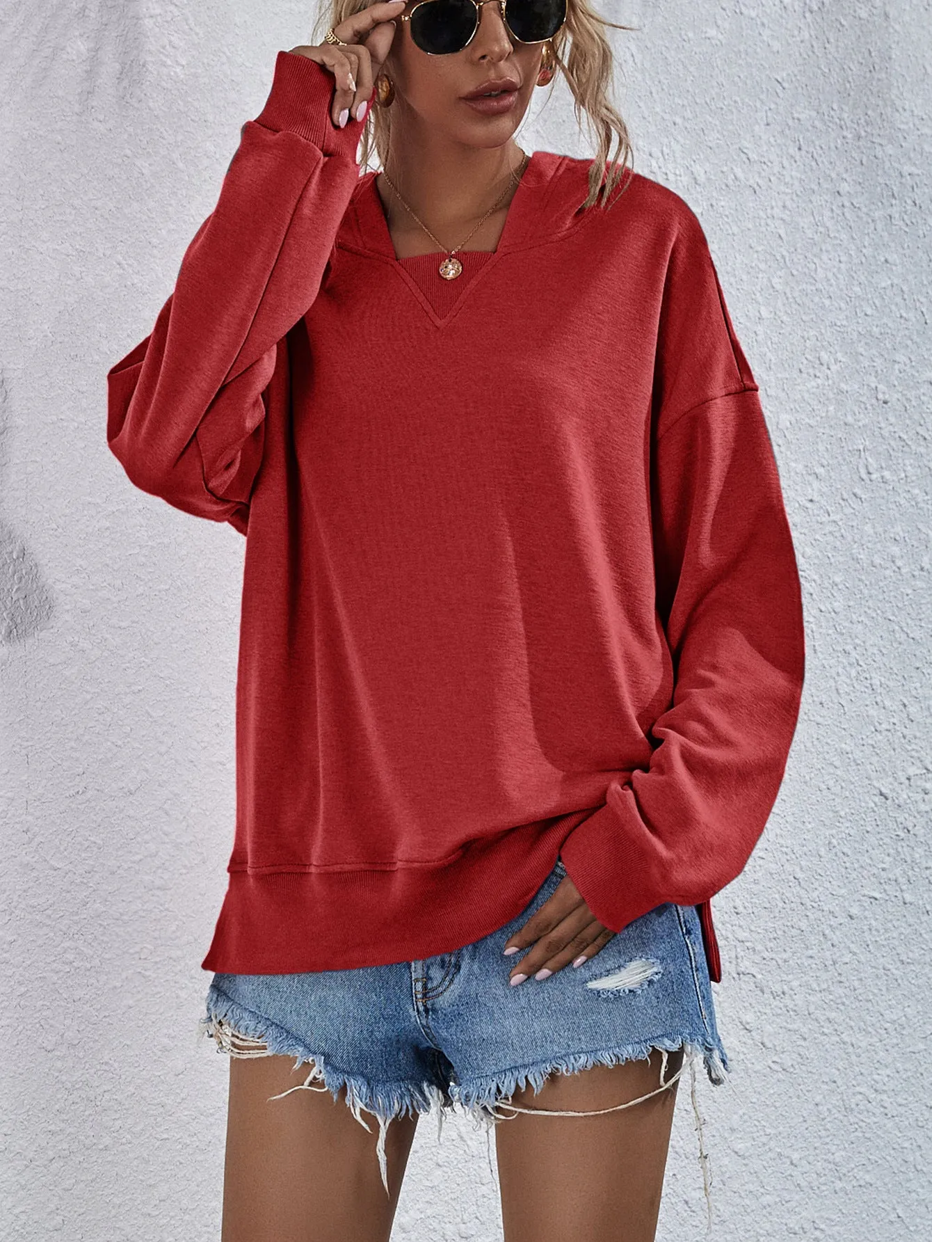 Comfy Drop Shoulder Slit Hoodie