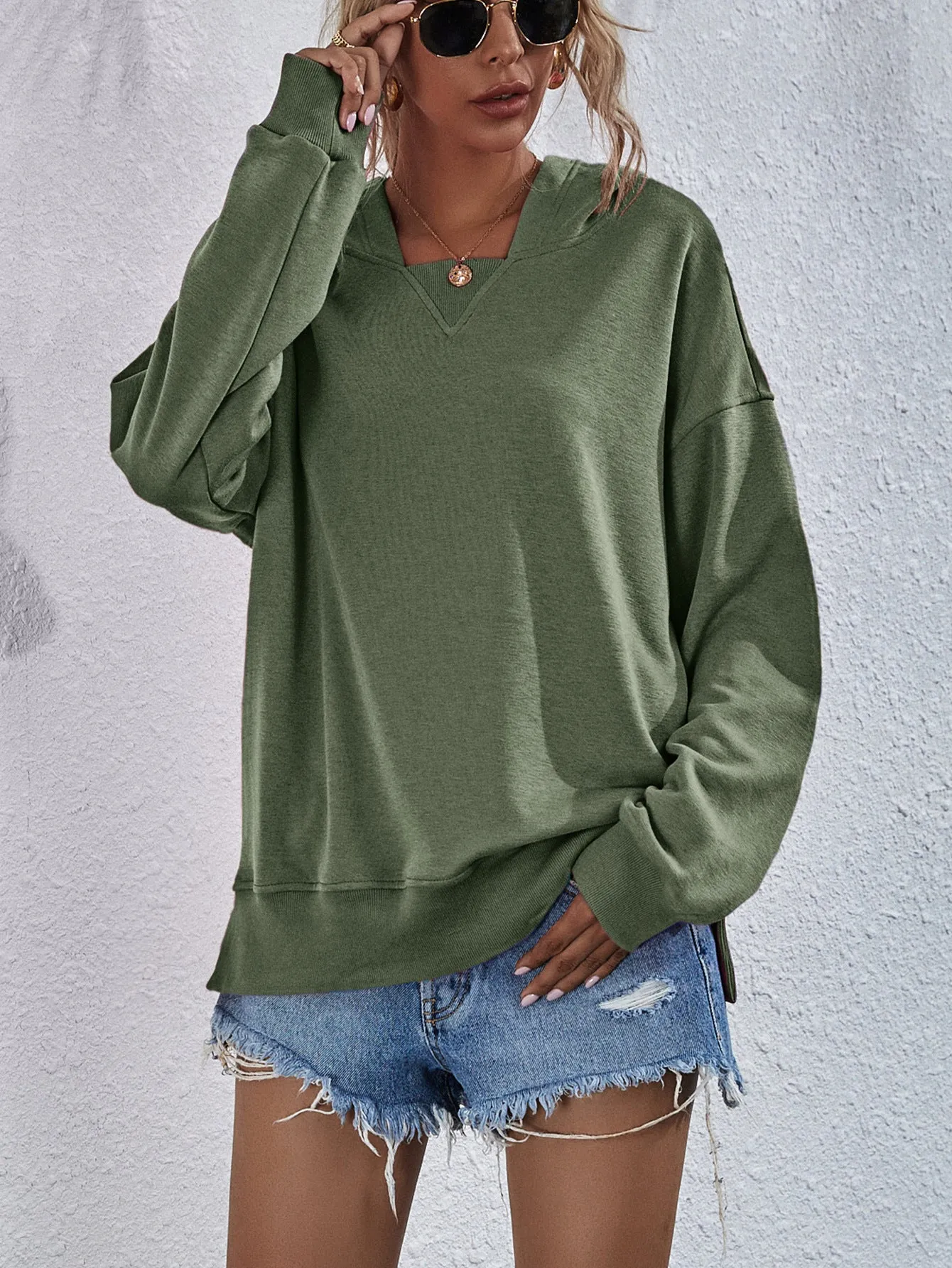 Comfy Drop Shoulder Slit Hoodie