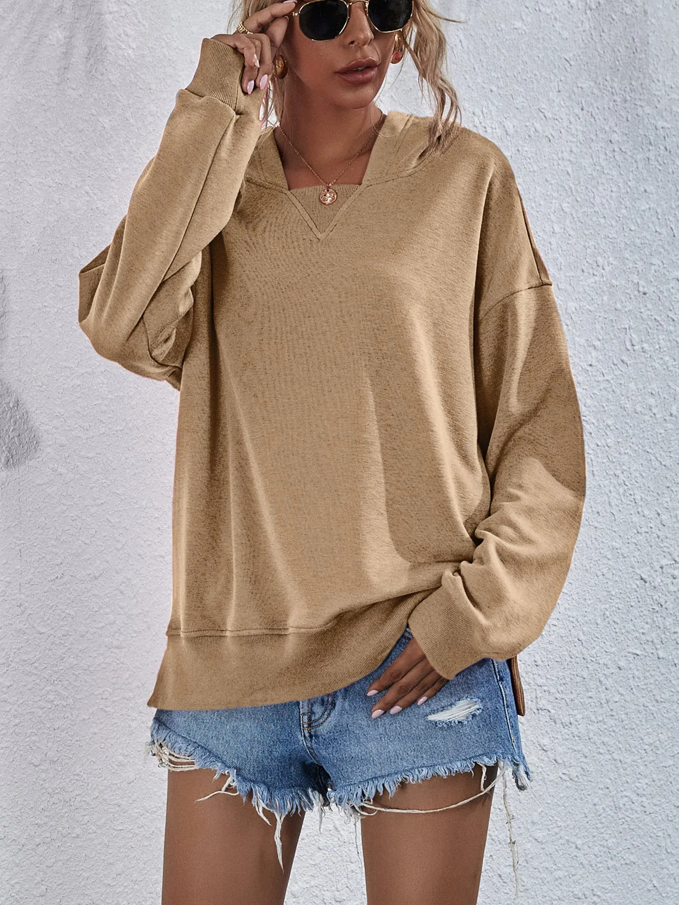 Comfy Drop Shoulder Slit Hoodie