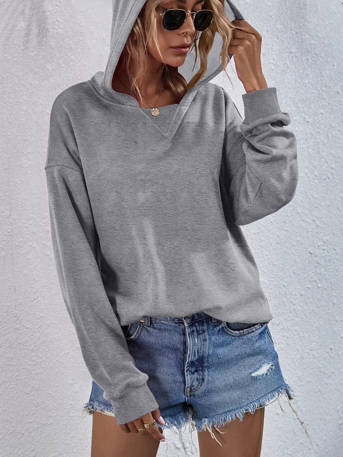 Comfy Drop Shoulder Slit Hoodie