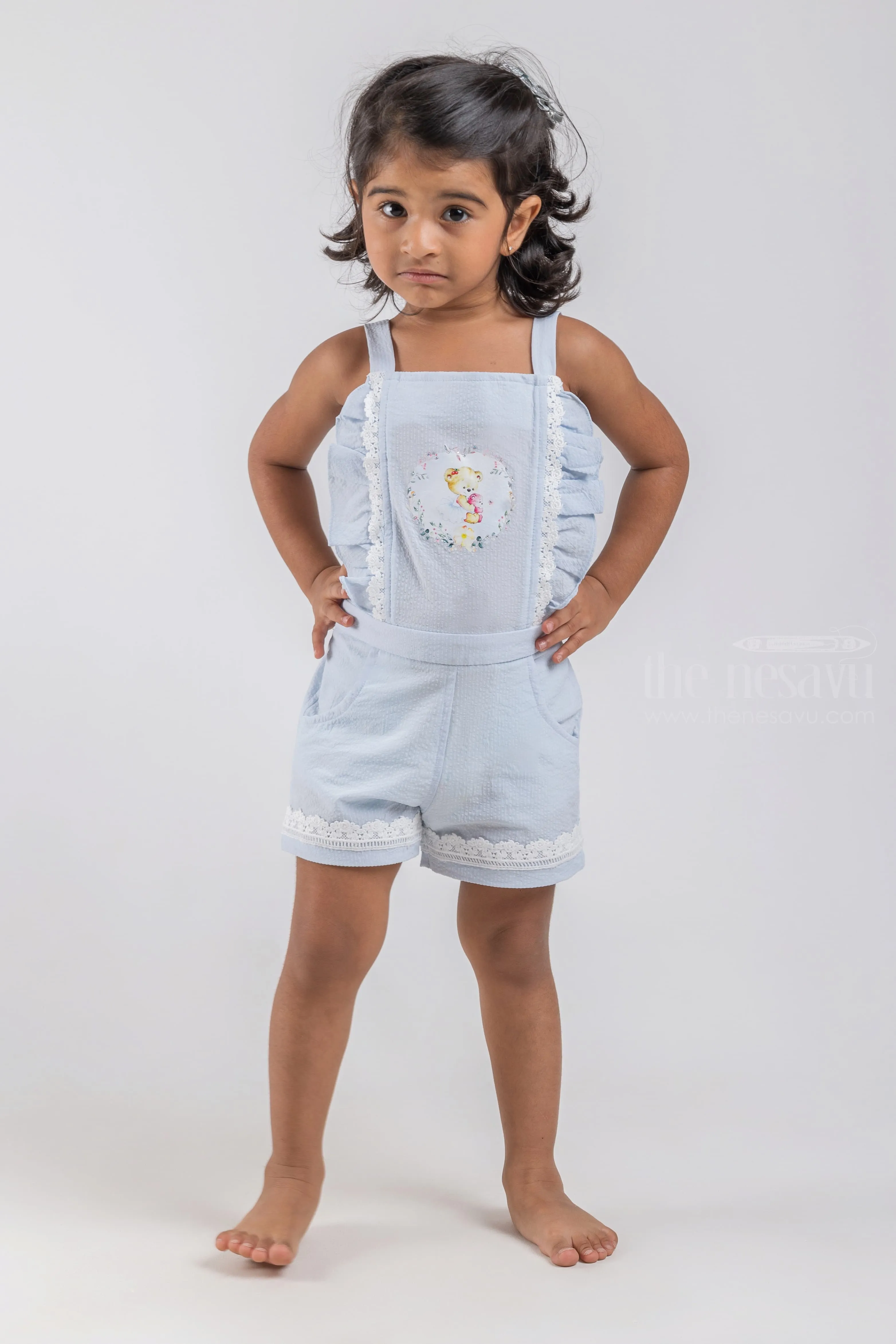 Cute Teddy Bear Printed Sleeveless Blue Top and Blue Trouser Set for Baby Girls