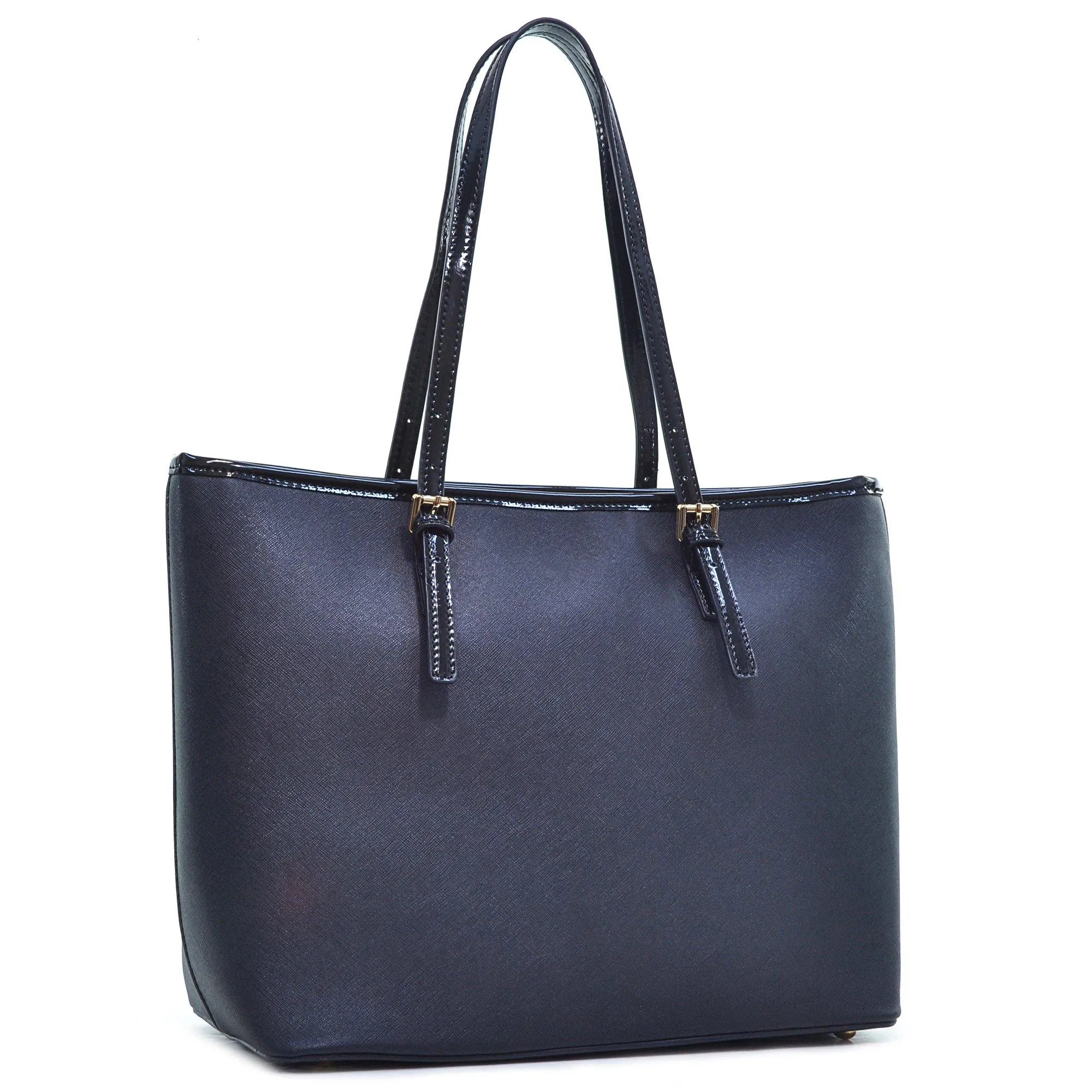 Dasein Saffiano Leather Patent Trim Tote Bag