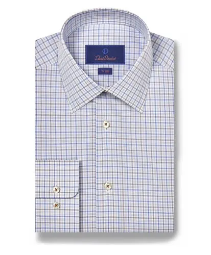 David Donahue Blue and Dune Poplin Check Dress Shirt