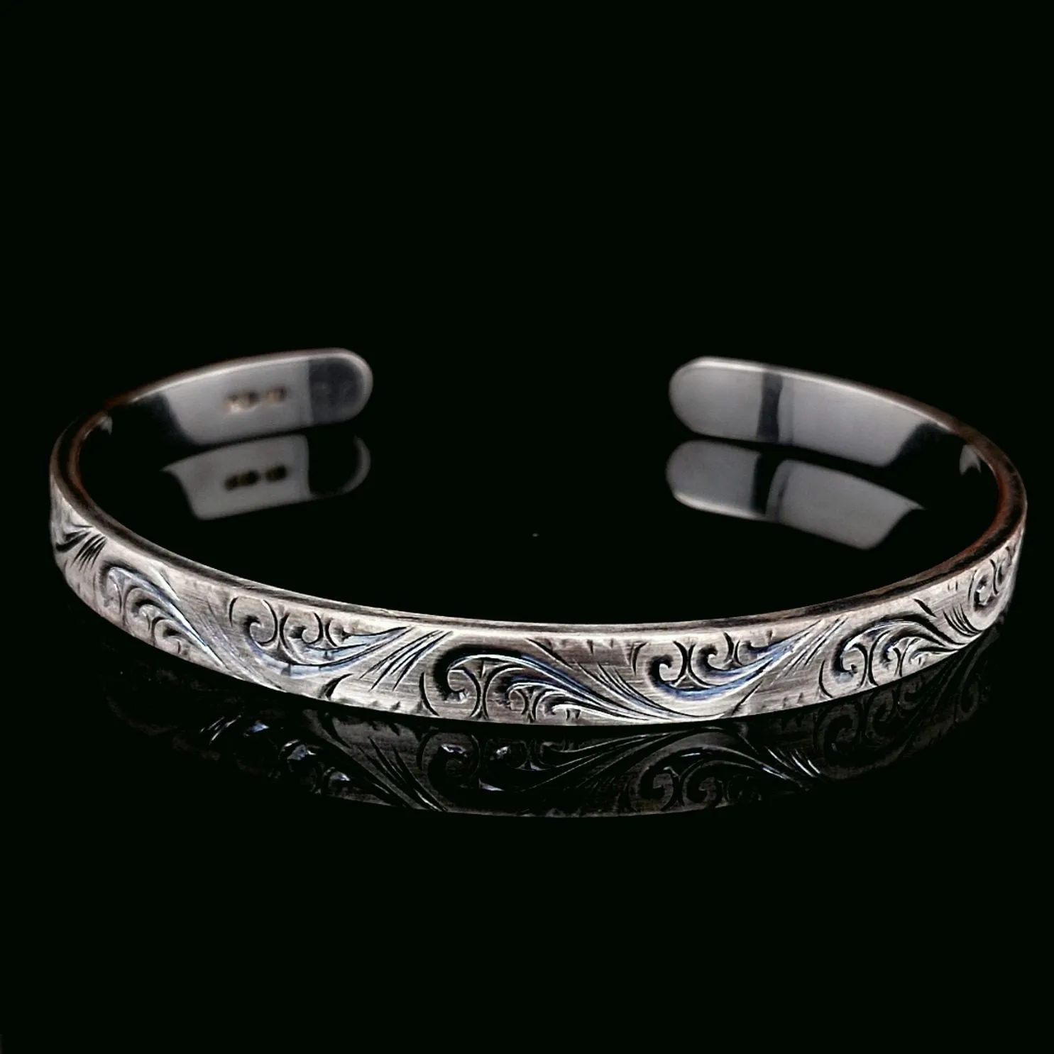 Deeply Hand Engraved Satin Scroll Sterling Silver Handmade Cuff Bracelet