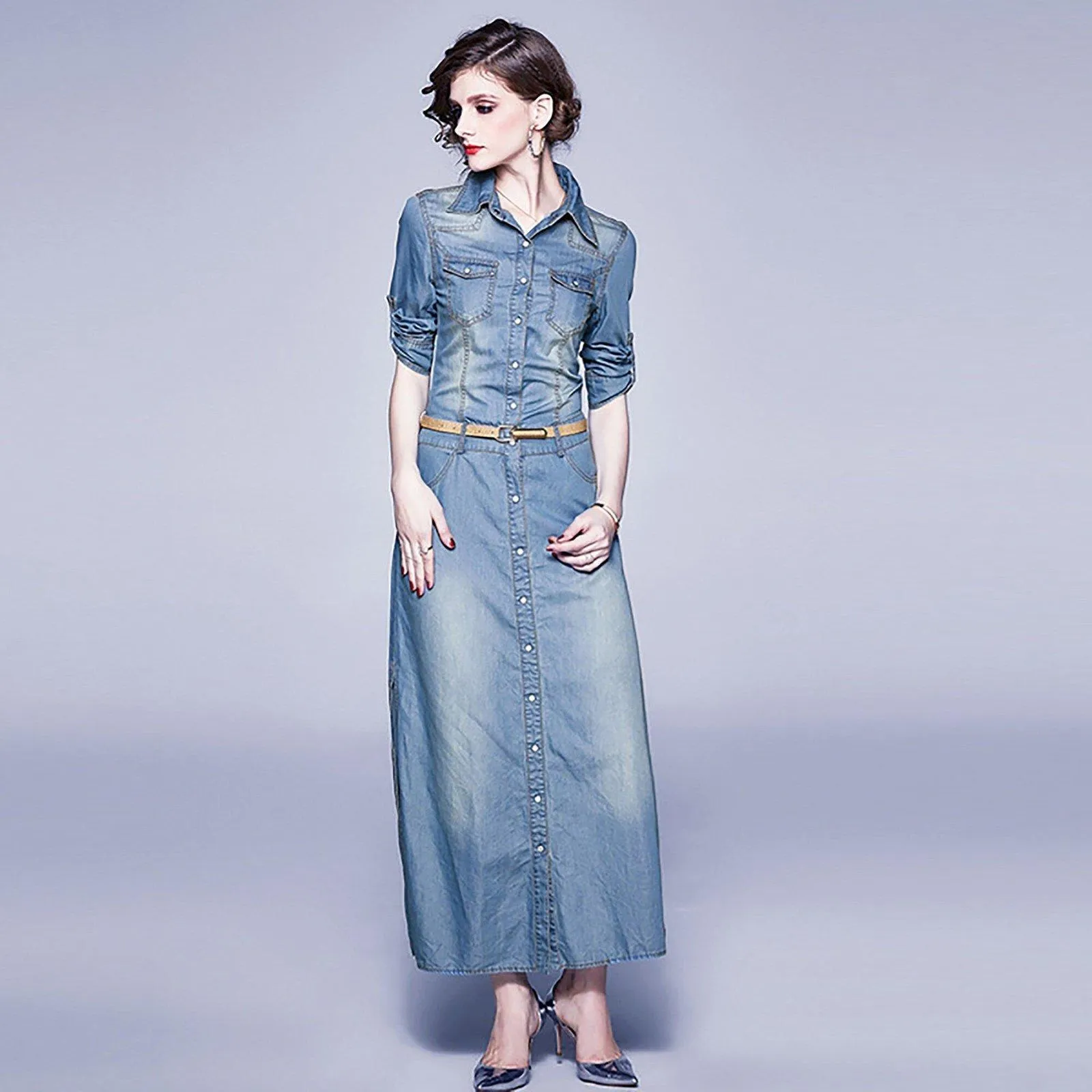 Denim Blue Belted Three-Quarter Sleeve Maxi Dress