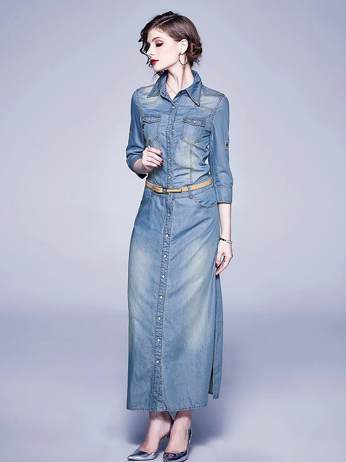 Denim Blue Belted Three-Quarter Sleeve Maxi Dress