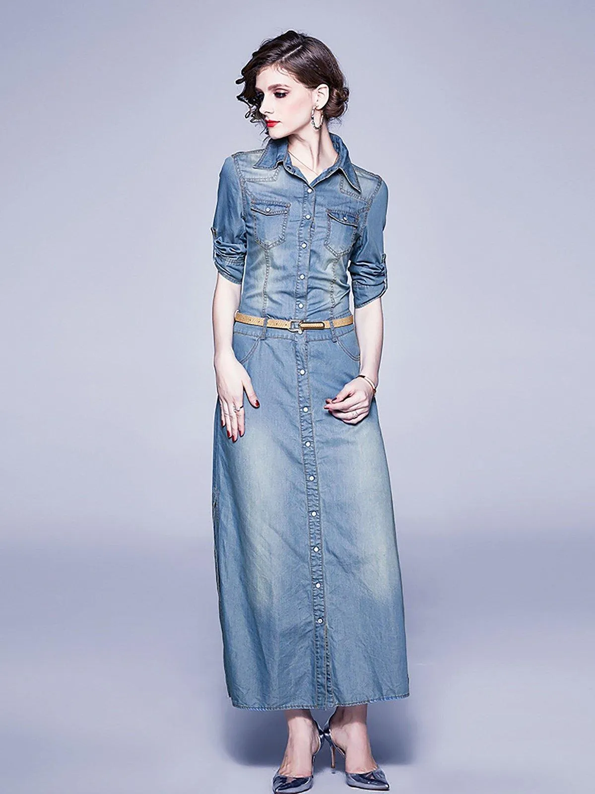 Denim Blue Belted Three-Quarter Sleeve Maxi Dress