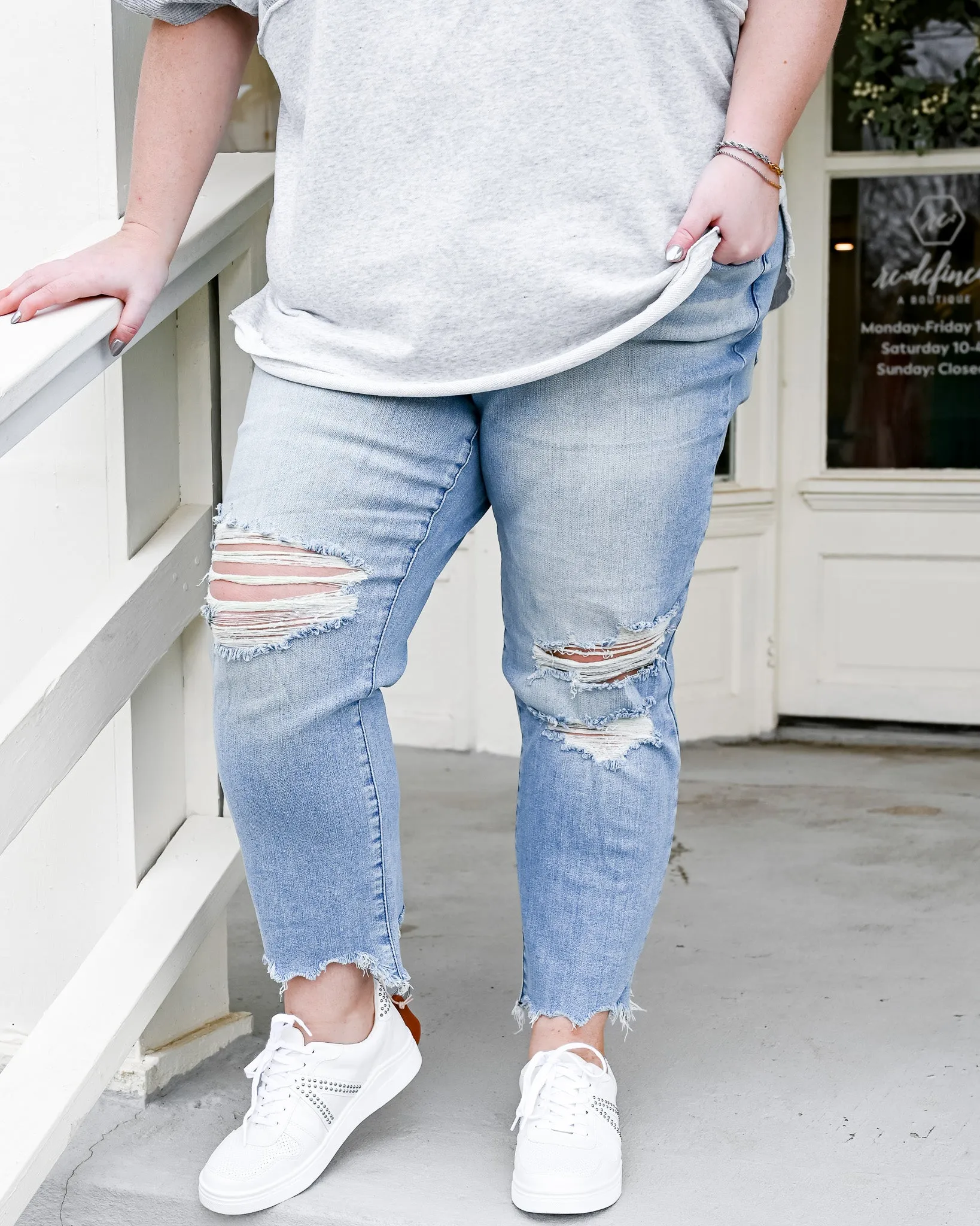 Distressed Straight Crop Jean with Raw Hem