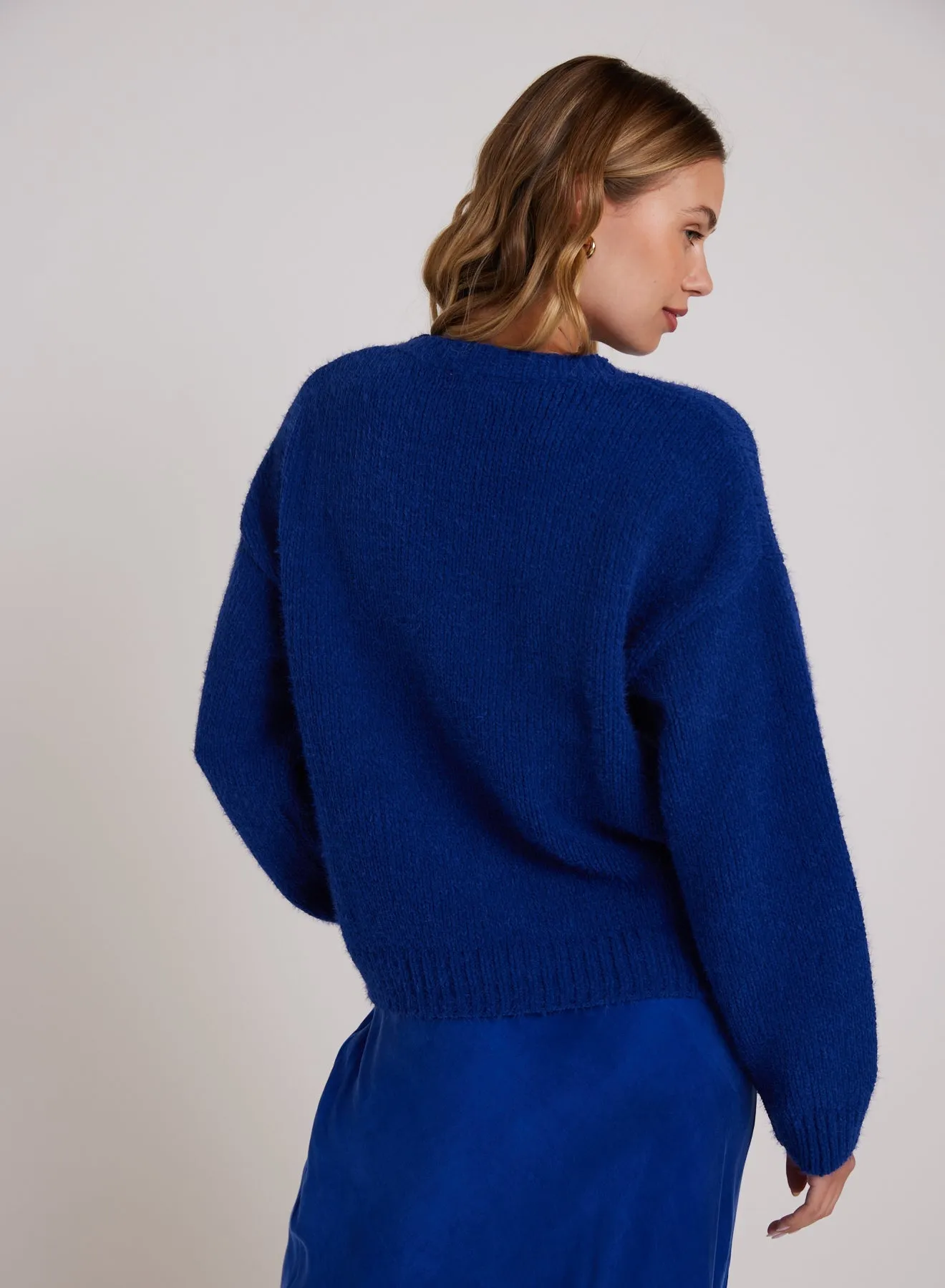 Drop Shoulder Fuzzy Chenille Sweater - Rich Cobalt