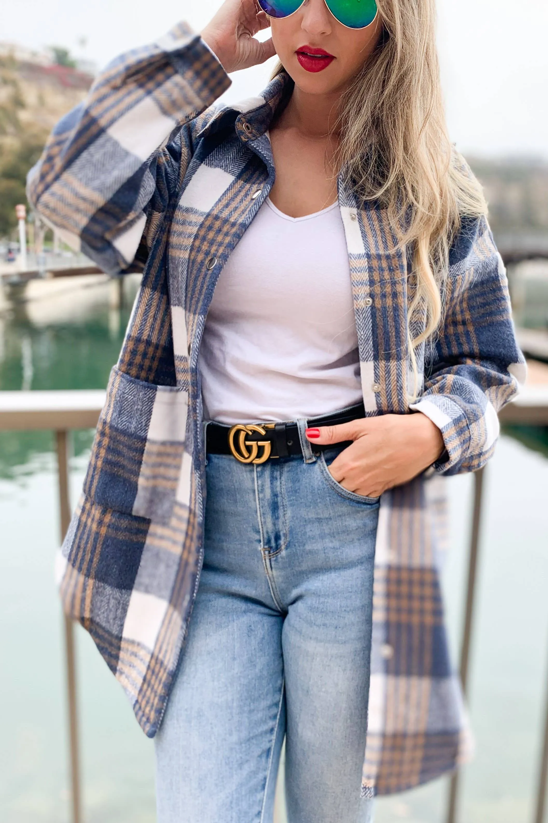 Falling for You Plaid Shirt - Navy