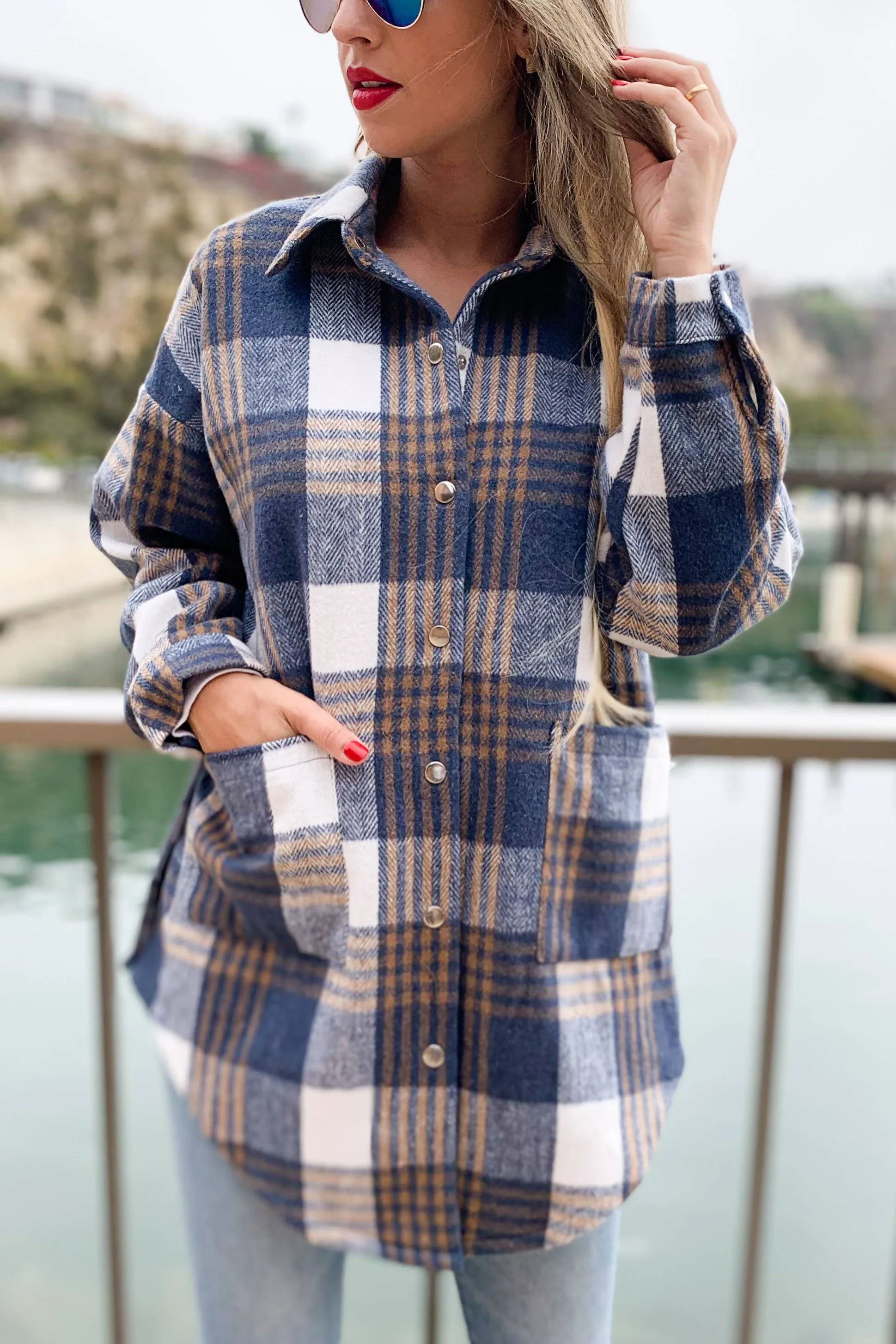 Falling for You Plaid Shirt - Navy