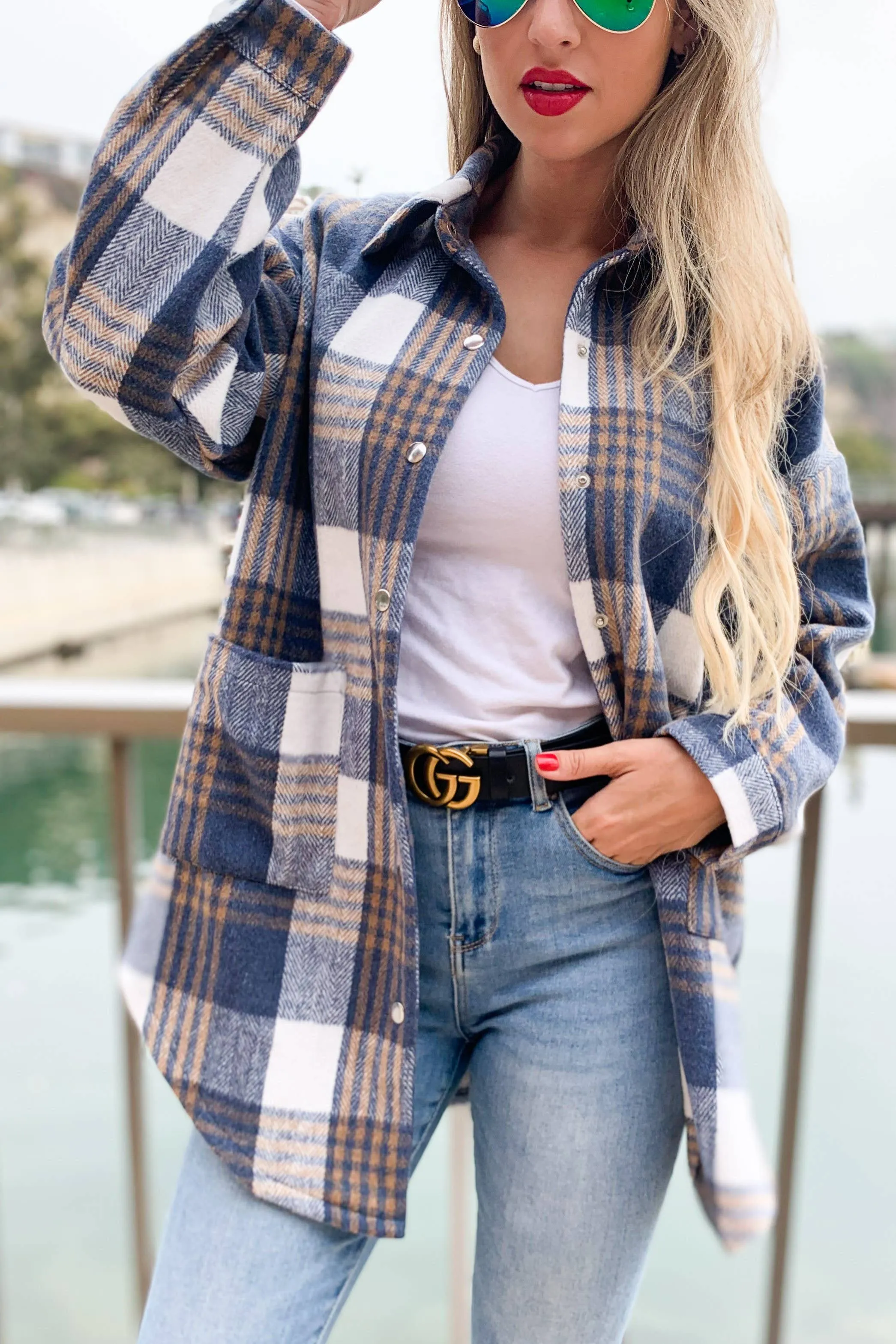 Falling for You Plaid Shirt - Navy