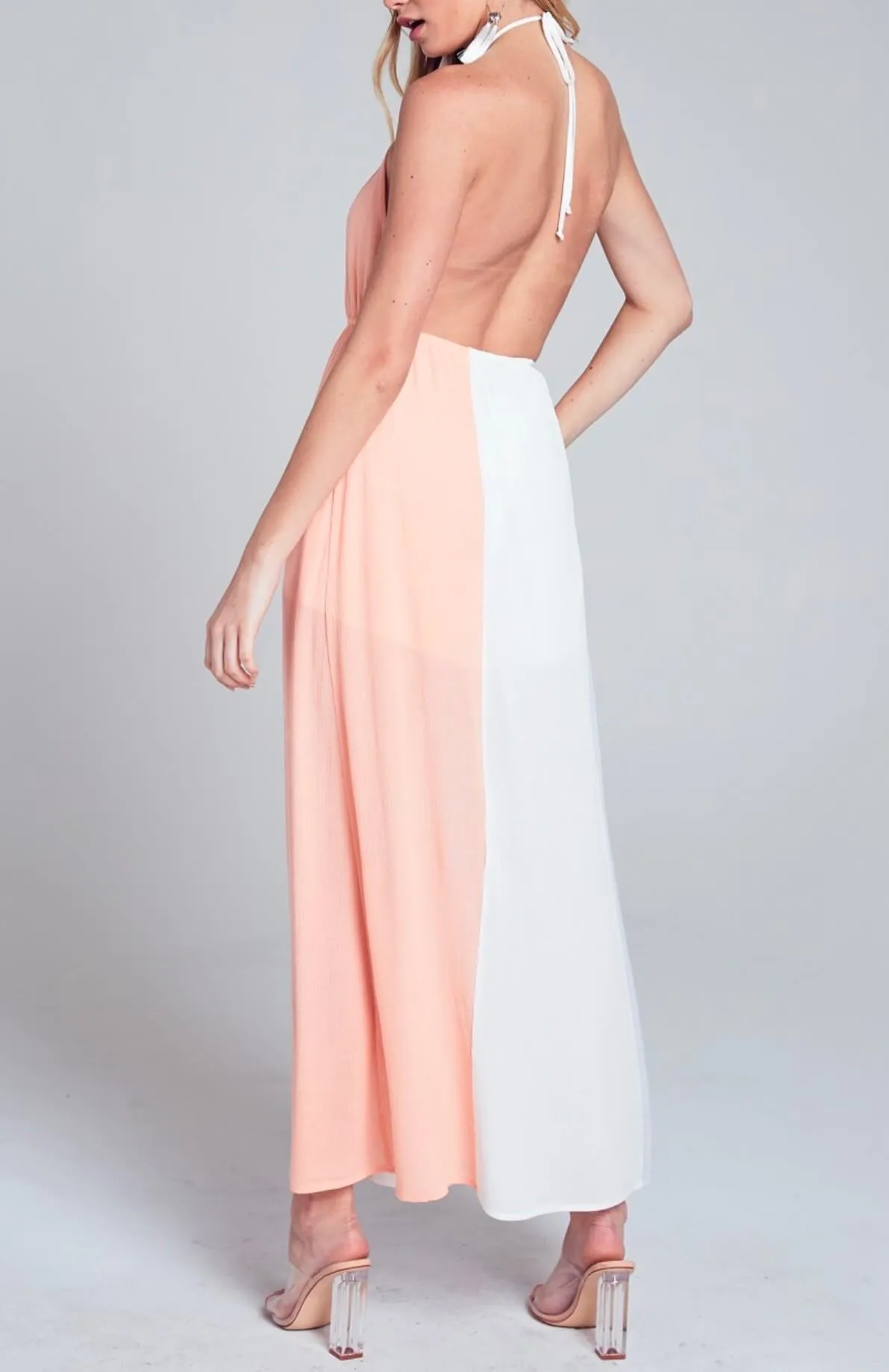 Final Sale - Blue Blush Halterneck Maxi Dress With Leg Slit in Ivory Multi