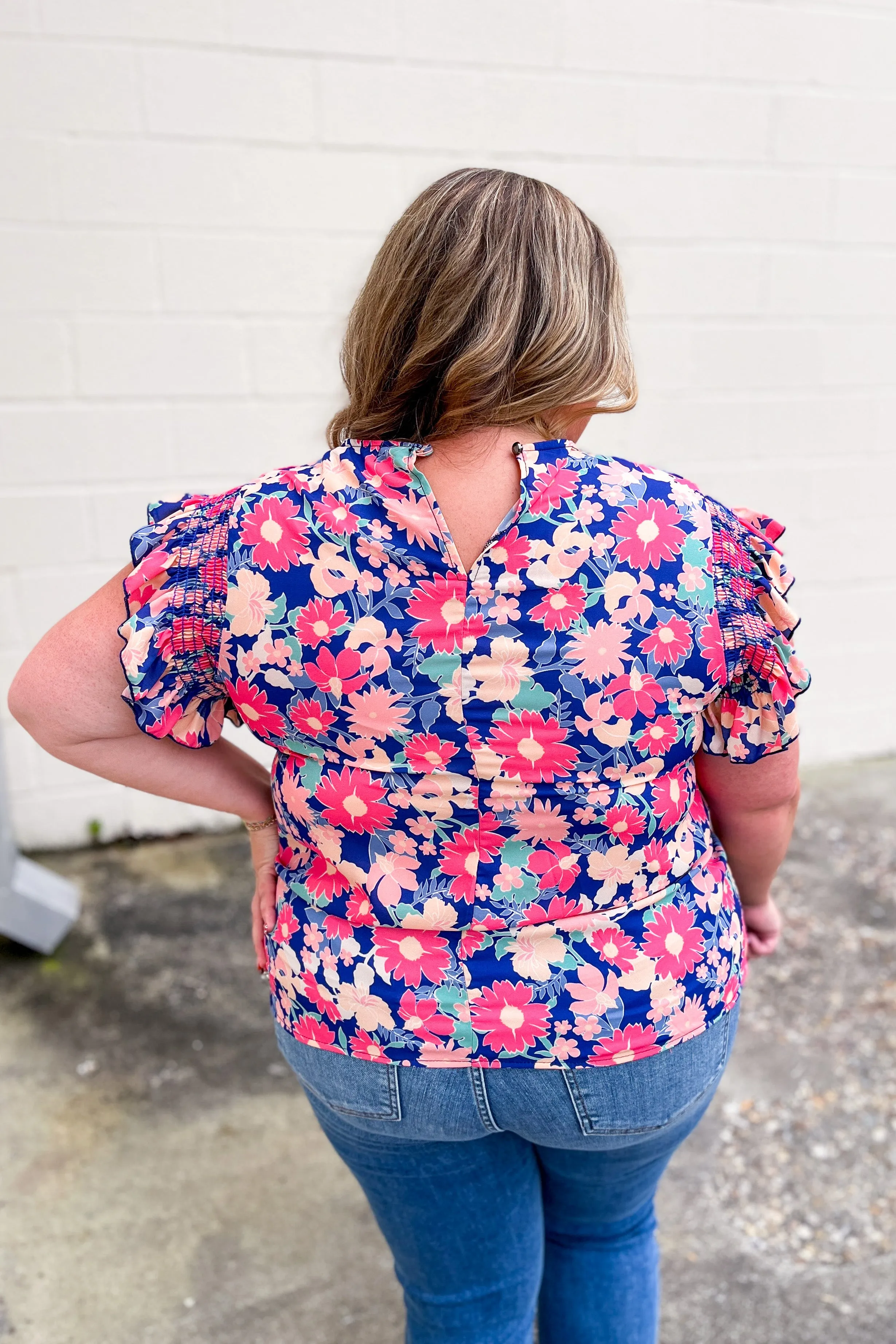 Floral Field Ruffle Sleeve Top, Navy