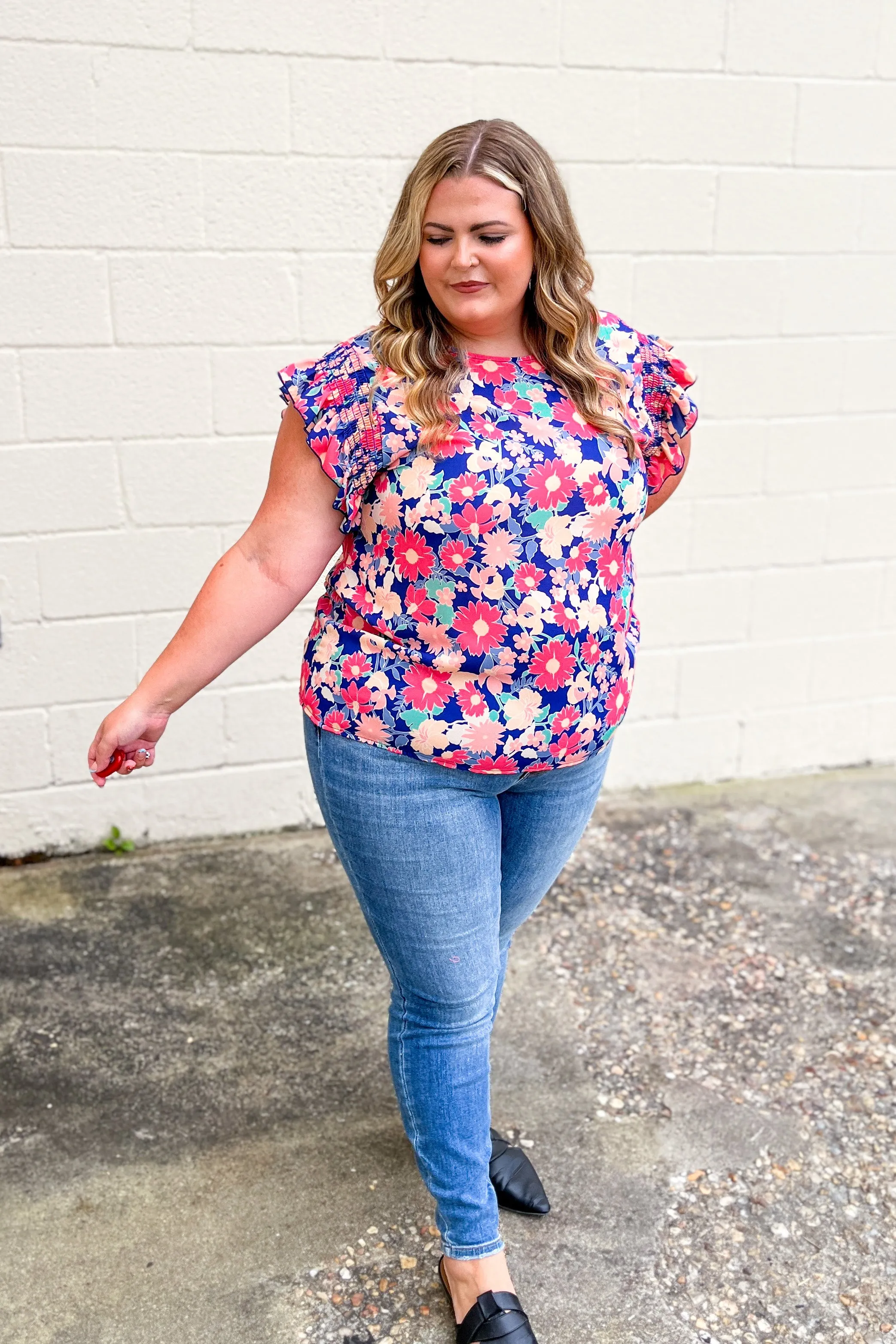 Floral Field Ruffle Sleeve Top, Navy