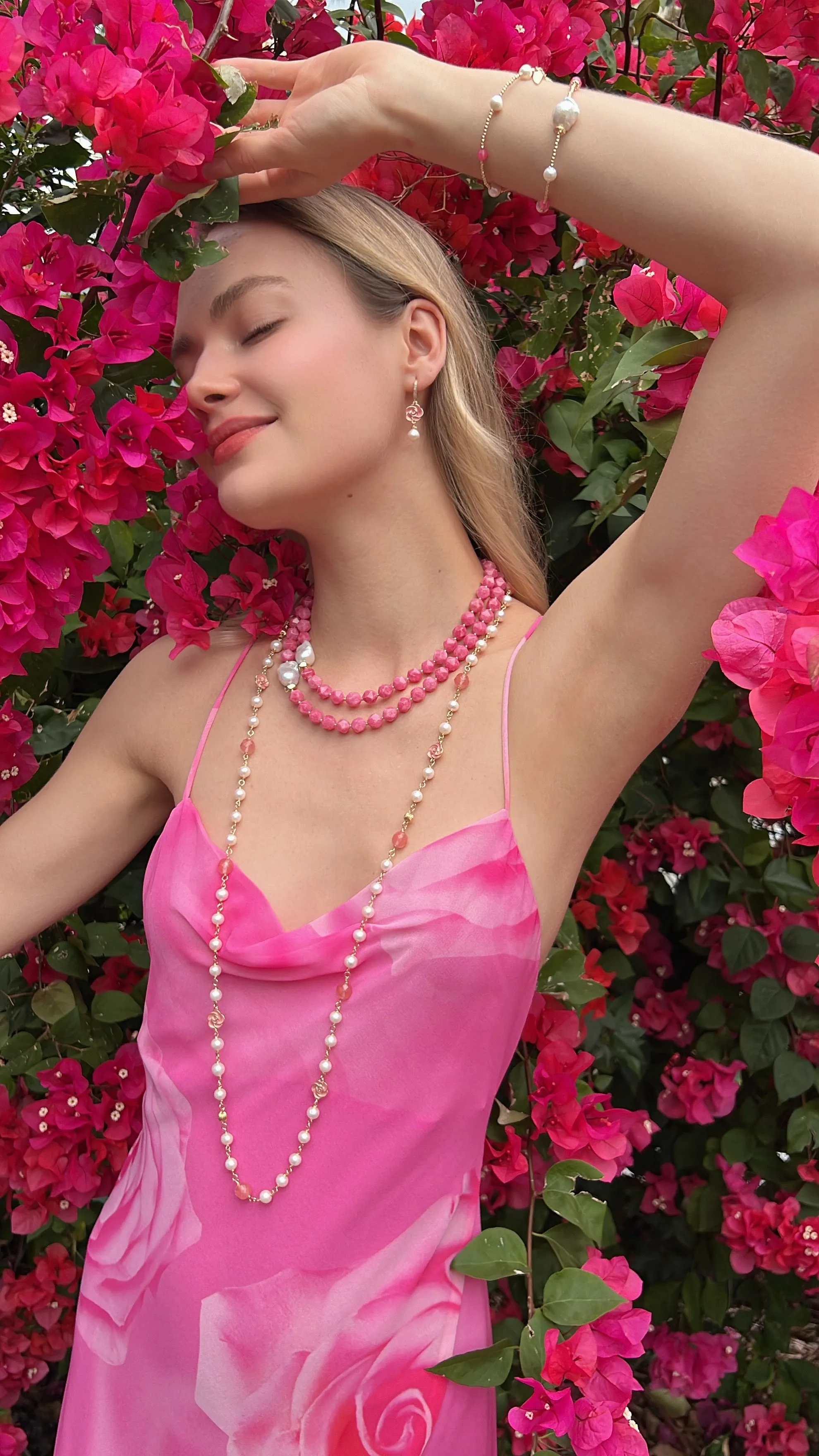 Freshwater Pearls With Rose Charms Long Necklace LN006