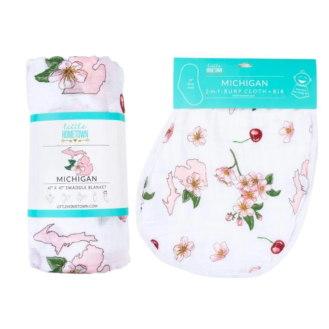 Gift Set: Michigan Baby Muslin Swaddle Blanket and Burp Cloth/Bib Combo (Floral)