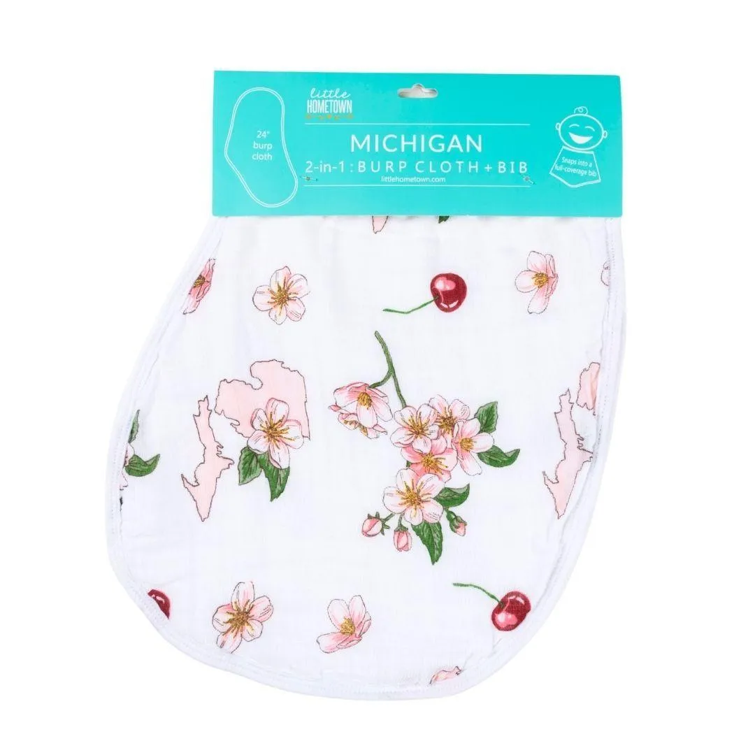 Gift Set: Michigan Baby Muslin Swaddle Blanket and Burp Cloth/Bib Combo (Floral)