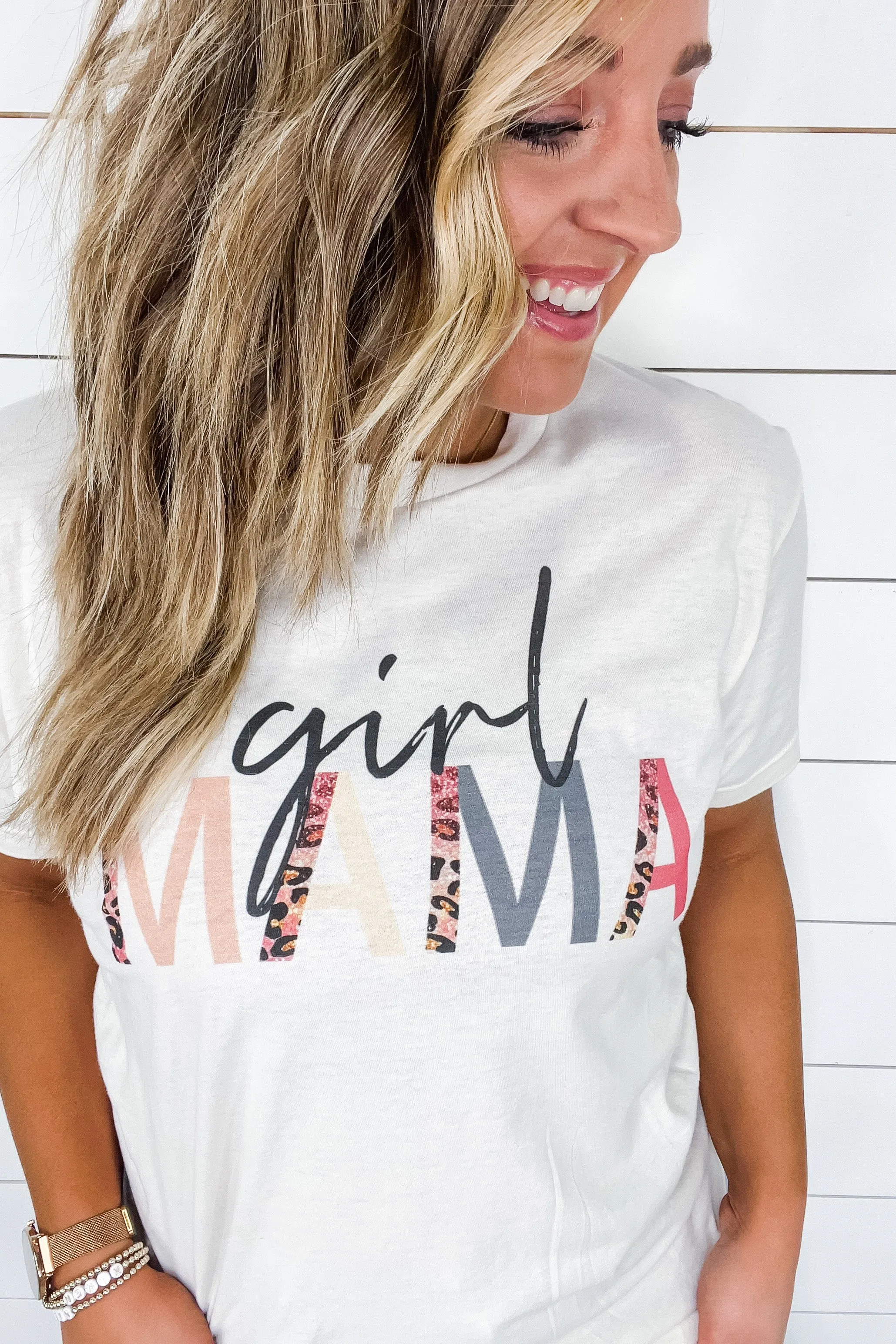 Girl Mama- Cream Tee w/ Pink Leopard Letter Detail