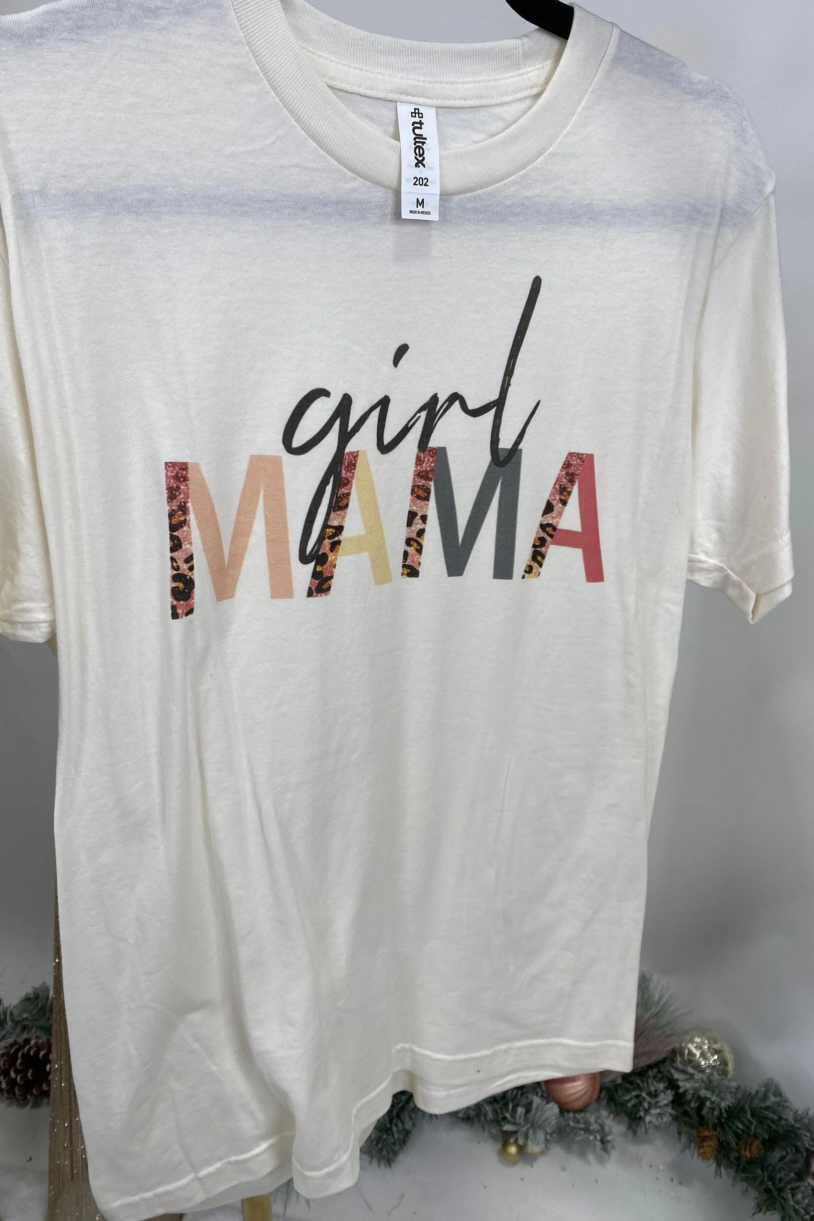 Girl Mama- Cream Tee w/ Pink Leopard Letter Detail