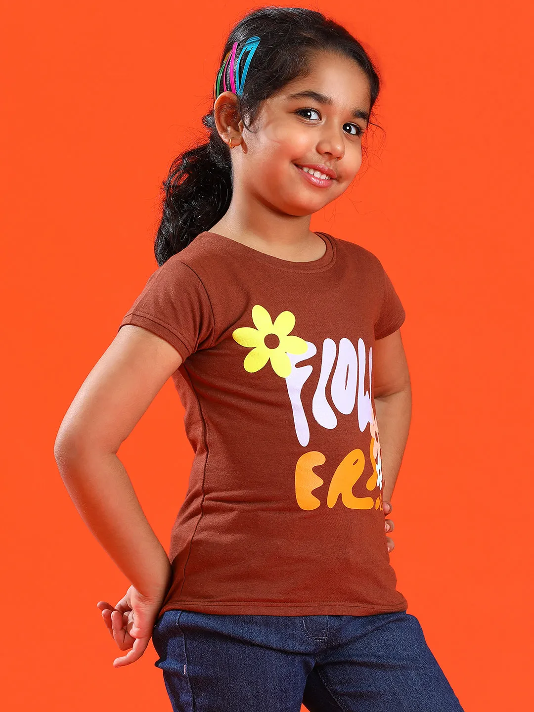 Girls Brown Lycra Printed Slim Fit T-shirt