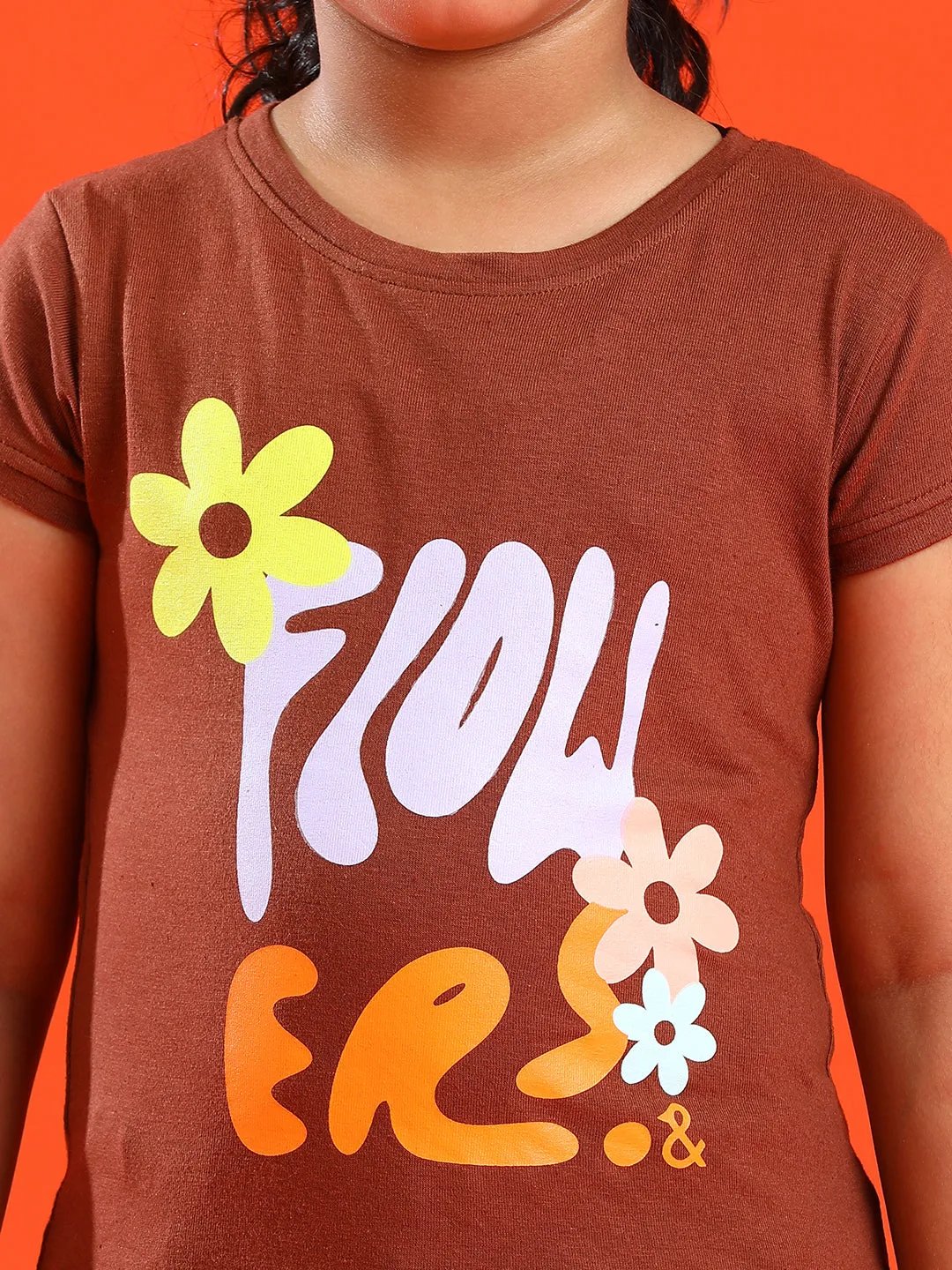 Girls Brown Lycra Printed Slim Fit T-shirt