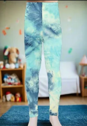 Girls Tie-Dye Leggings, Kids Yoga Pants, Sizes S/L, No-Roll Waist, Blue