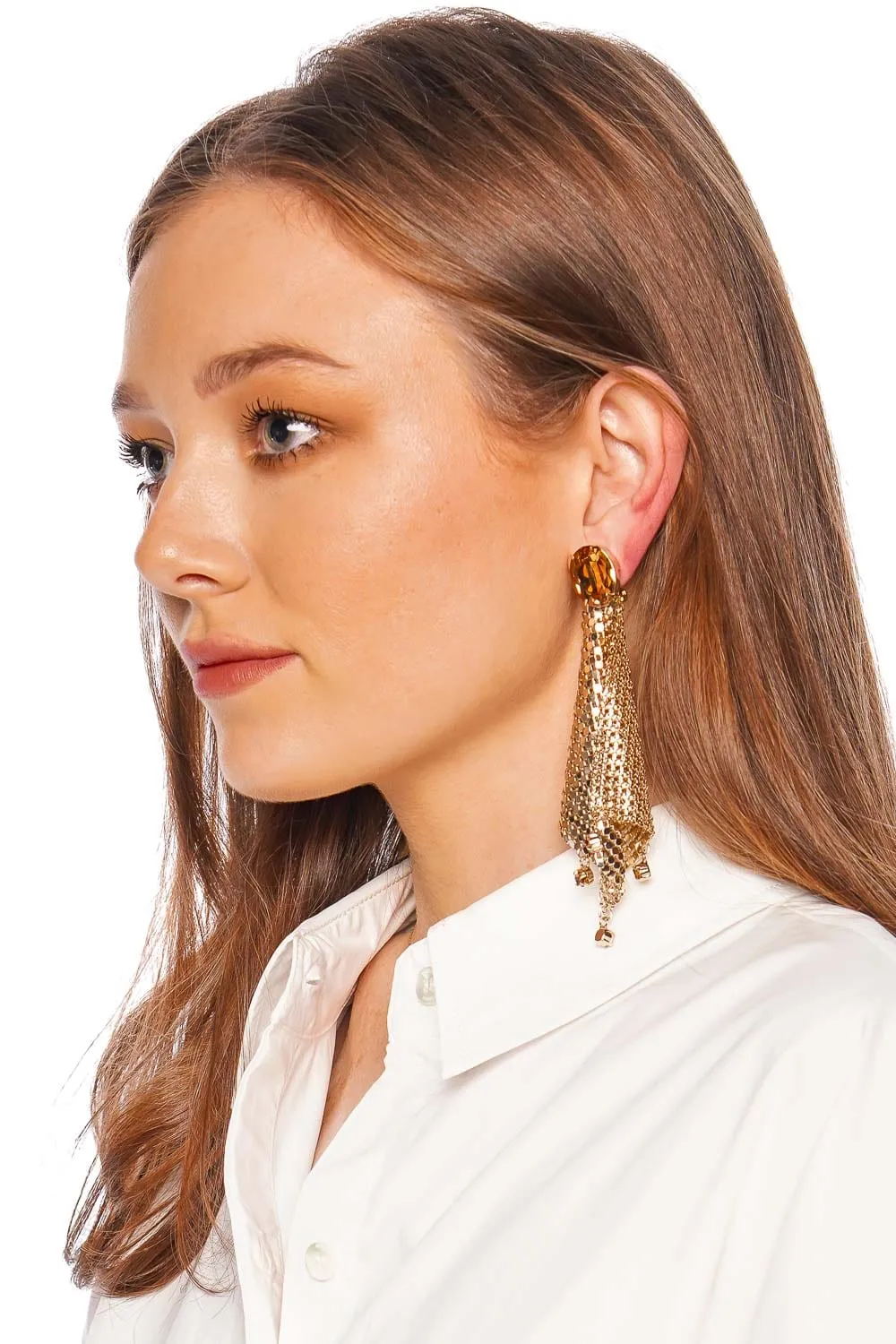 Gold Pixel Crystal Mesh Drop Earrings