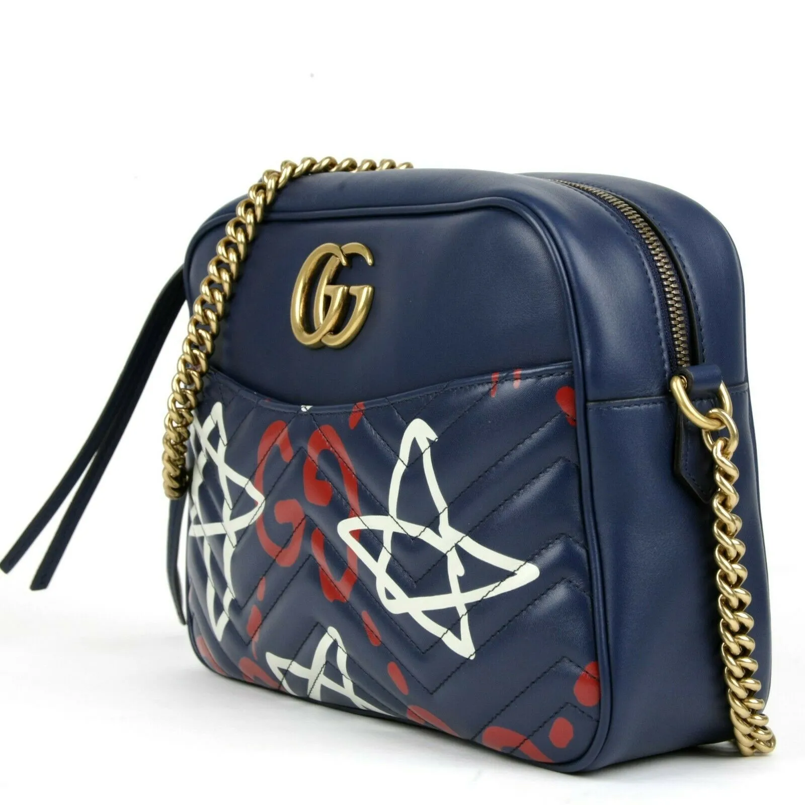 GUCCI Calfskin Gucci Ghost Print Medium GG Marmont Shoulder Bag Blue