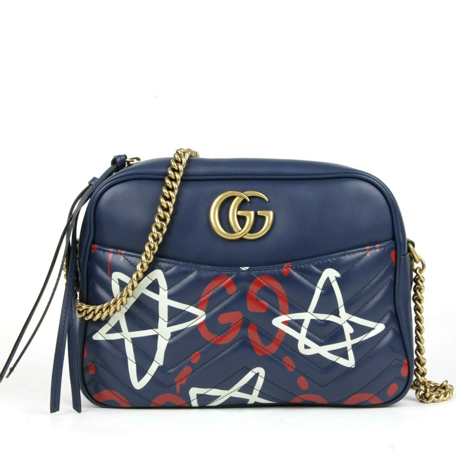 GUCCI Calfskin Gucci Ghost Print Medium GG Marmont Shoulder Bag Blue