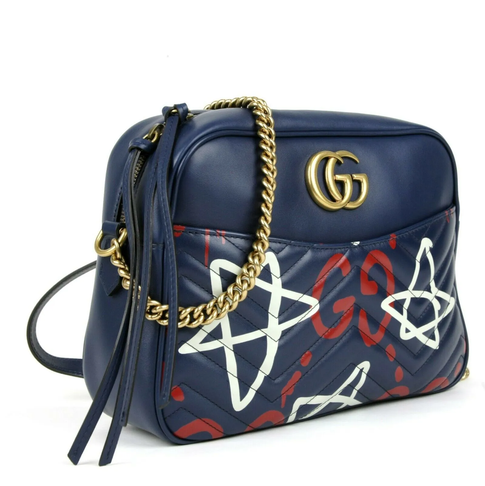 GUCCI Calfskin Gucci Ghost Print Medium GG Marmont Shoulder Bag Blue