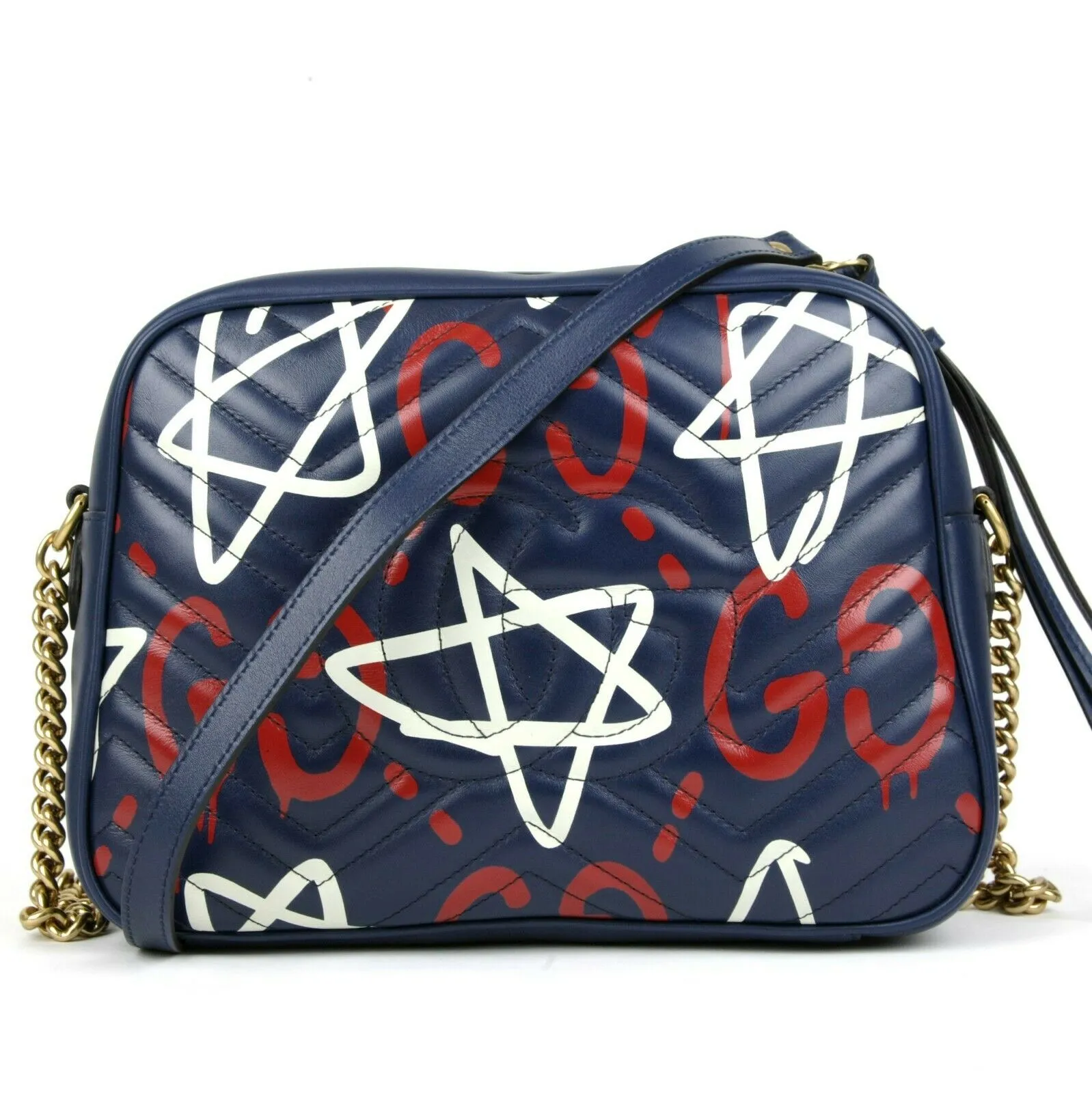 GUCCI Calfskin Gucci Ghost Print Medium GG Marmont Shoulder Bag Blue