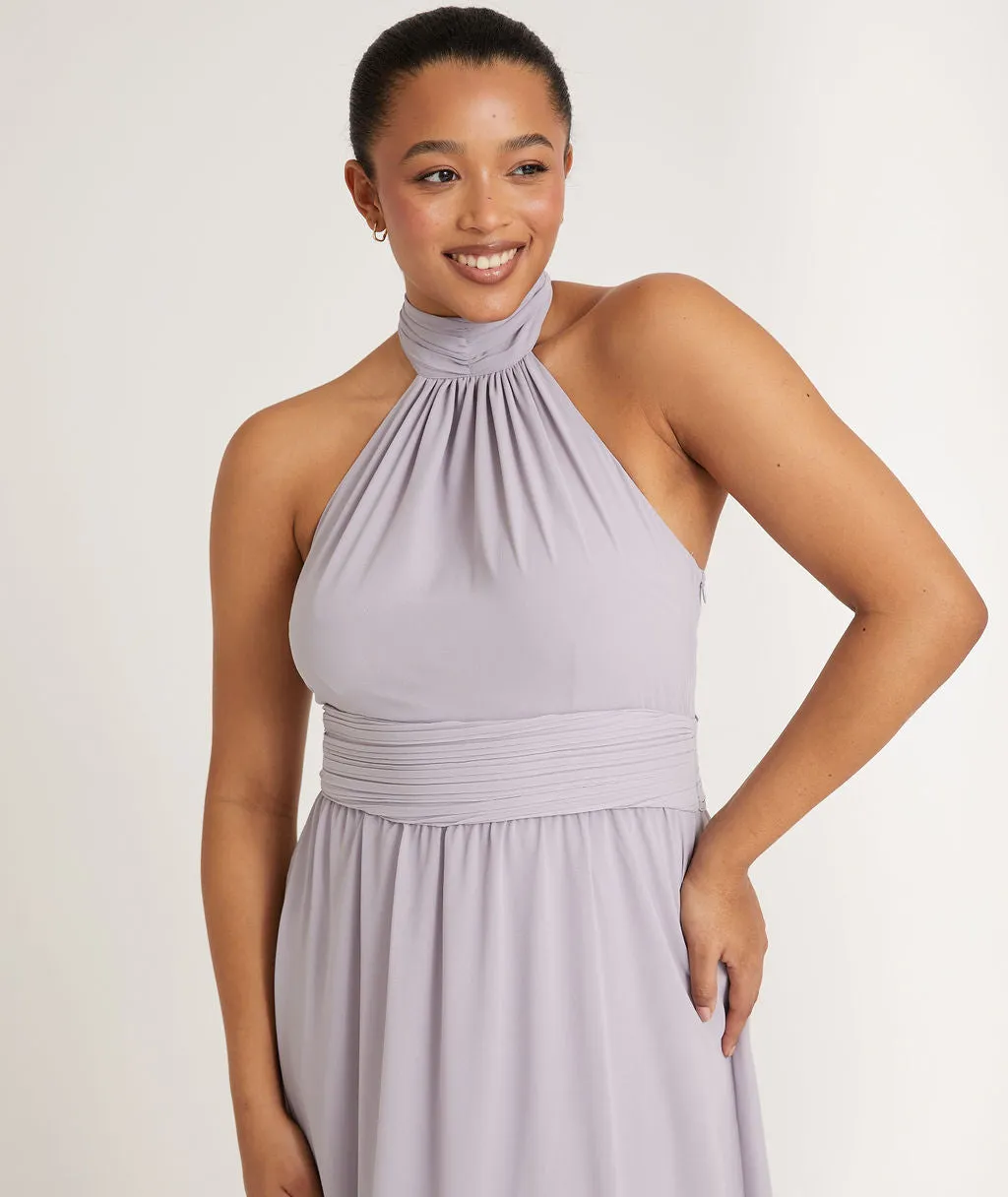 Halter Neck Pleated Waist Chiffon Bridesmaid Dress - Dusty Lilac