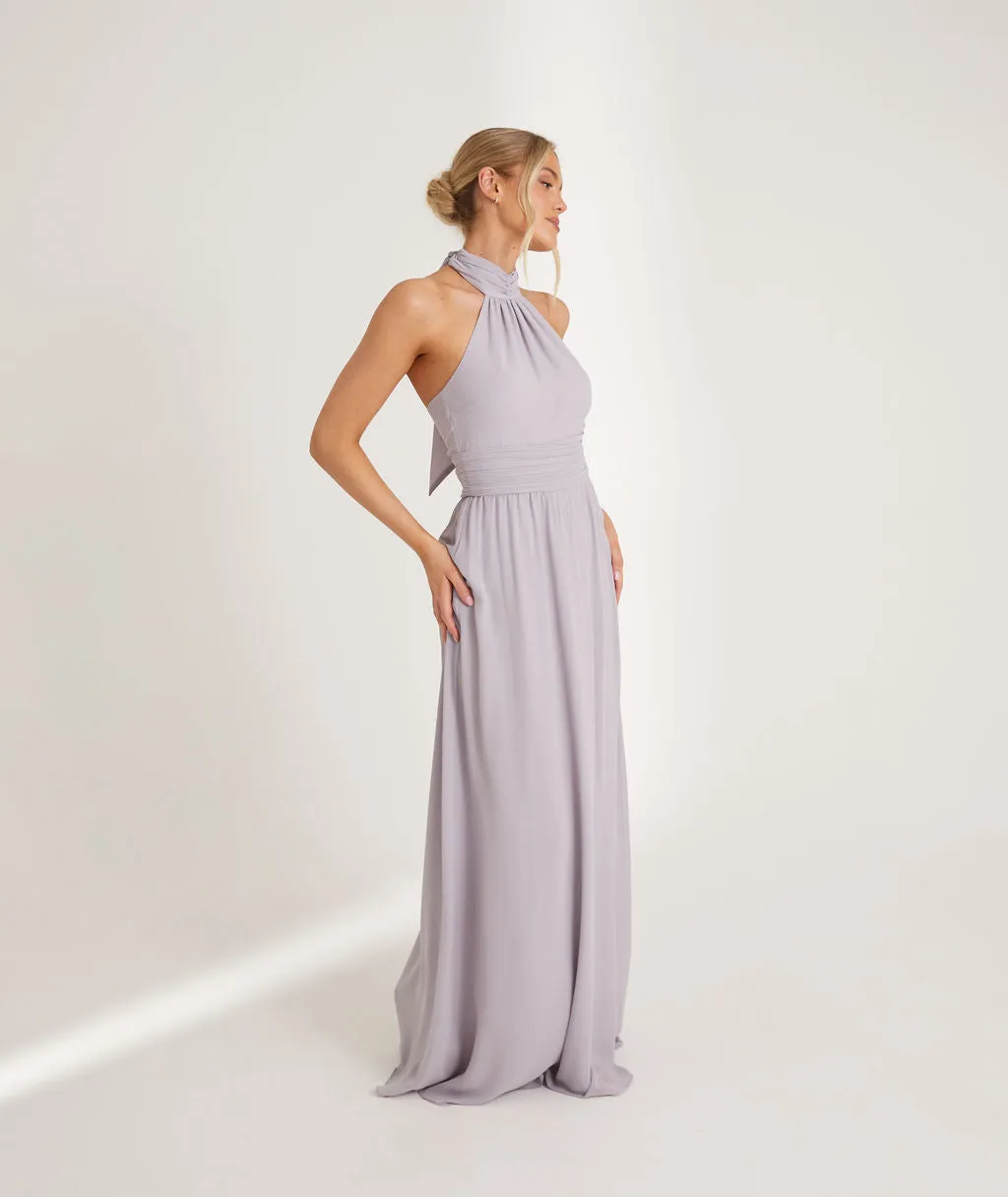 Halter Neck Pleated Waist Chiffon Bridesmaid Dress - Dusty Lilac