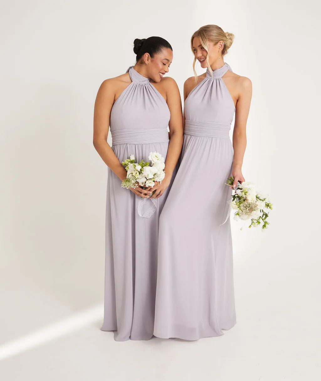 Halter Neck Pleated Waist Chiffon Bridesmaid Dress - Dusty Lilac