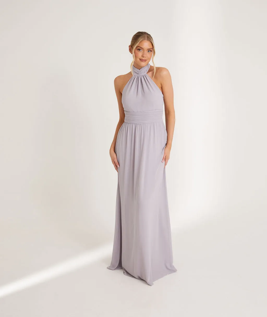 Halter Neck Pleated Waist Chiffon Bridesmaid Dress - Dusty Lilac