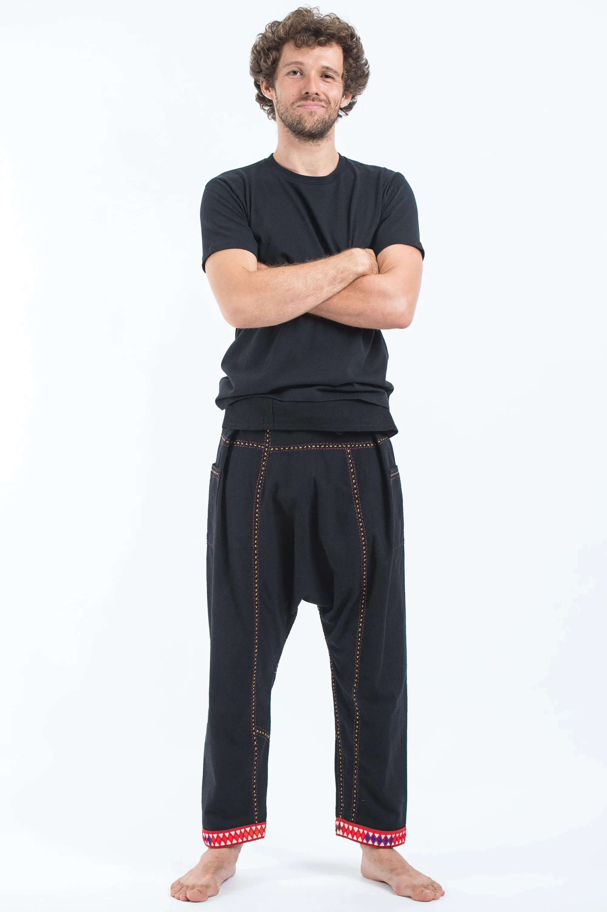 Hand Embroidered Men's Slim Cut Fisherman Pants in Black