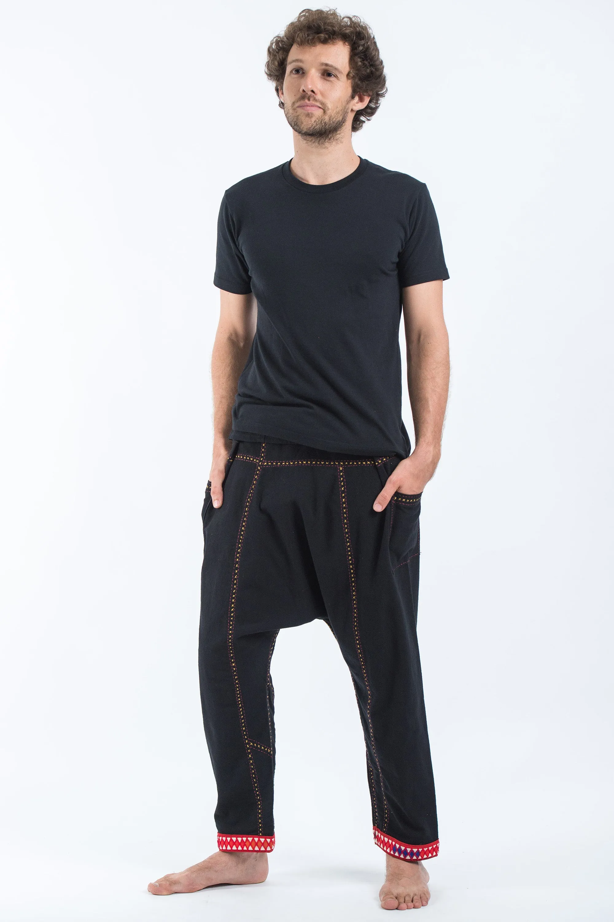 Hand Embroidered Men's Slim Cut Fisherman Pants in Black