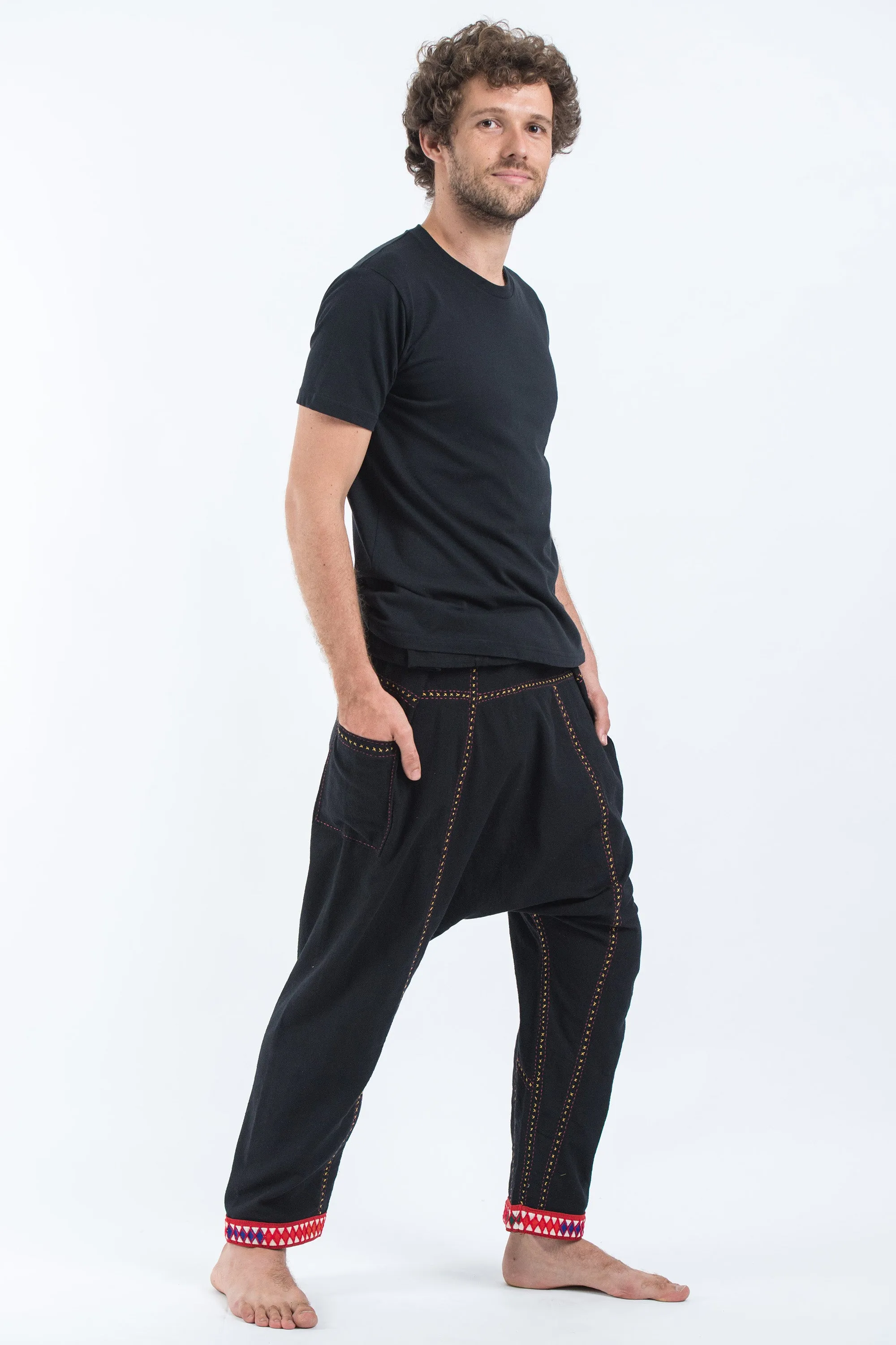 Hand Embroidered Men's Slim Cut Fisherman Pants in Black