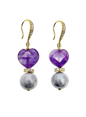 Heart Shaped Amethyst With Gray Freshwater Pearl Earrings LE010