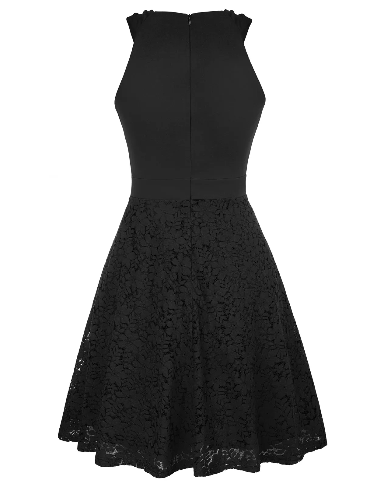 Lace Patchwork Dress Cross Over Halterneck Defined Waist A-Line Dress